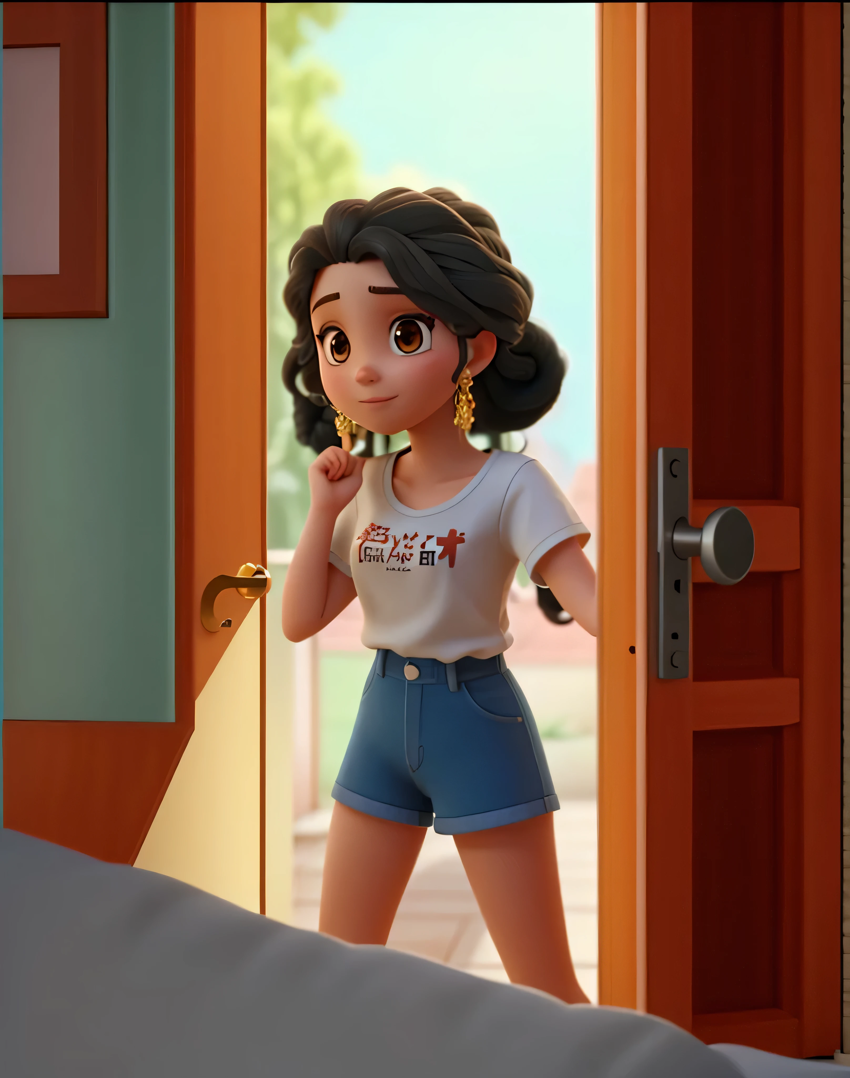 a beautiful young woman,long curly hair, open the door and come in,anger