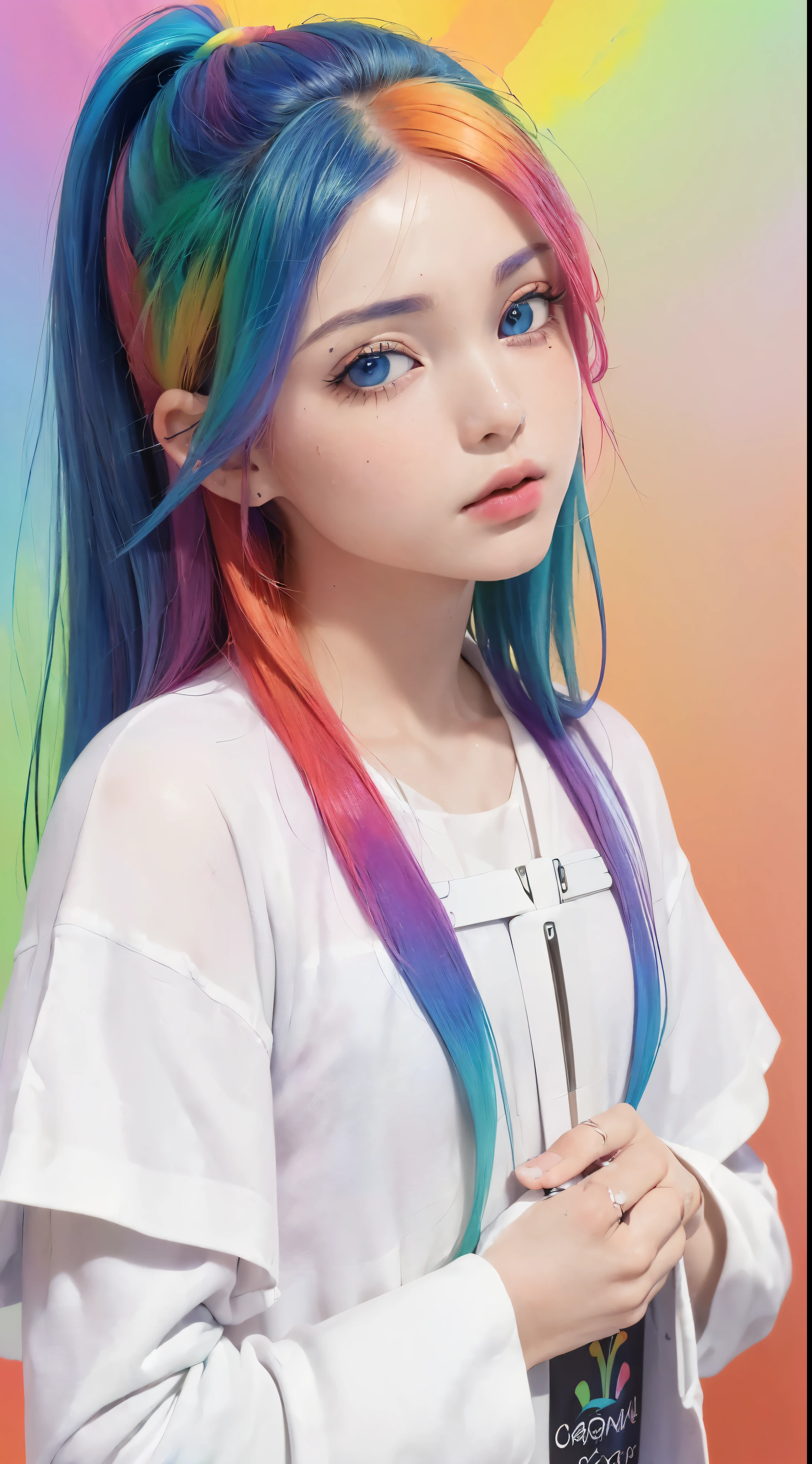 （Camiseta Moda Rosa：1.9），(cabelo colorido: 1.8), (all colors of the rainbow: 1.8),(((((vertical pintaring：1.6))), （pintaring：1.6），frente, comics, illustrations, pintarings, olhos grandes, olhos cristalinos,（ rainbow color gradient high ponytail：1.7）, maquiagem requintada, boca fechada,(Pequeno fresco: 1.5),(Clean the chest: 1.6) ，long eyelashes, camiseta branca ombro a ombro,  camisa de ombro branca，looking at the audience, grandes olhos lacrimejantes, (rainbow colored hair：1.6), respingo de cor, （Sozinho：1.8）, respingo de cor, color explosion, thick pintar style, messy lines, ((brilhando))，(colorida), (colorida), (colorida), colorida, Thick pintar Style, (Respingo) (Color Respingo), Vertical pintaring, tronco, pintar Respingo, acrylic pigment, gradiente, pintar, A mais alta qualidade de imagem, Mais alta qualidade, obra de arte, Sozinho, profundidade de campo, Face pintar,  colorida clothes, (elegante: 1.2), Maravilhoso,cabelo longo, Vento, (elegante: 1.3), (petals: 1.4)，(((obra de arte))),(((Melhor qualidade))),((ultra-detalhado)),(illustration),(dynamic angle),((Flutuando)),(pintar),((cabelo desgrenhado)),(Sozinho),(1 garota) , (((rosto de anima detalhado))),((lindo rosto detalhado)),colarinho,Ombros nus,cabelo branco, ((colorida hair)),((cabelo com mechas)),lindos olhos detalhados,(gradiente color eyes),(((colorida eyes))),(((colorida background))),(((high saturation))),(((surrounded by colorida splashes))),