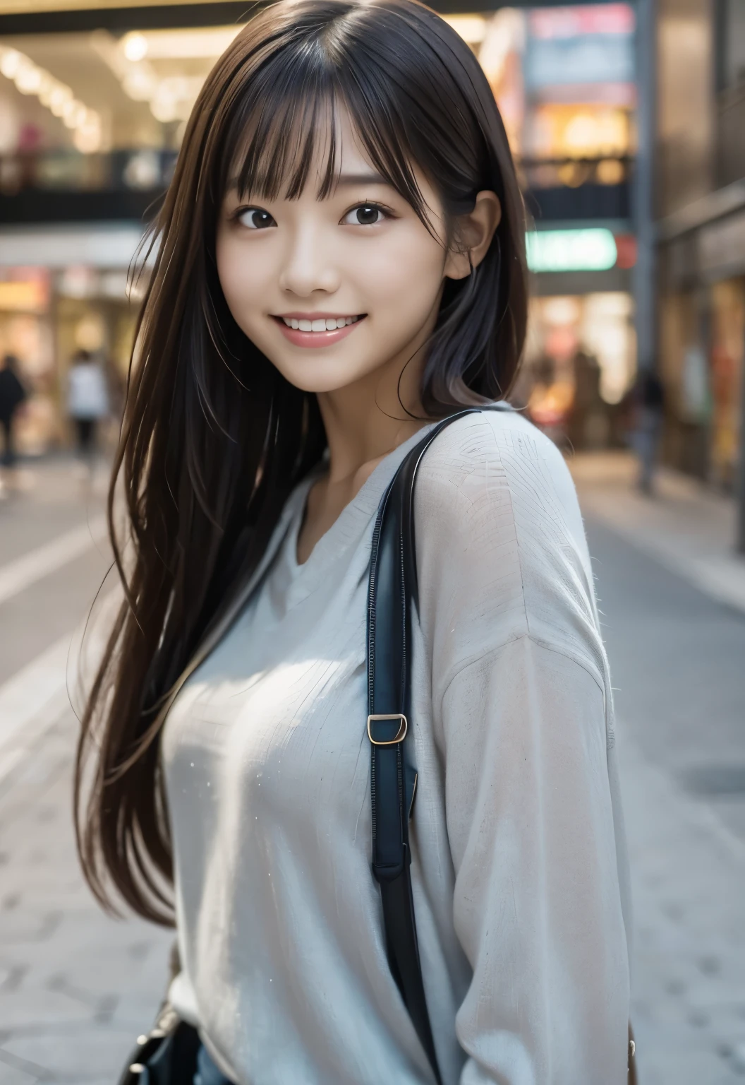 beautiful young asian girl on the street, smiling, in the style of tokina at-x 11-16mm f/2.8 pro dx ii, uhd image, salon kei, aurorapunk, shiny eyes, matte photo, zeiss batis 18mm f/2.8 --s 750 --style raw