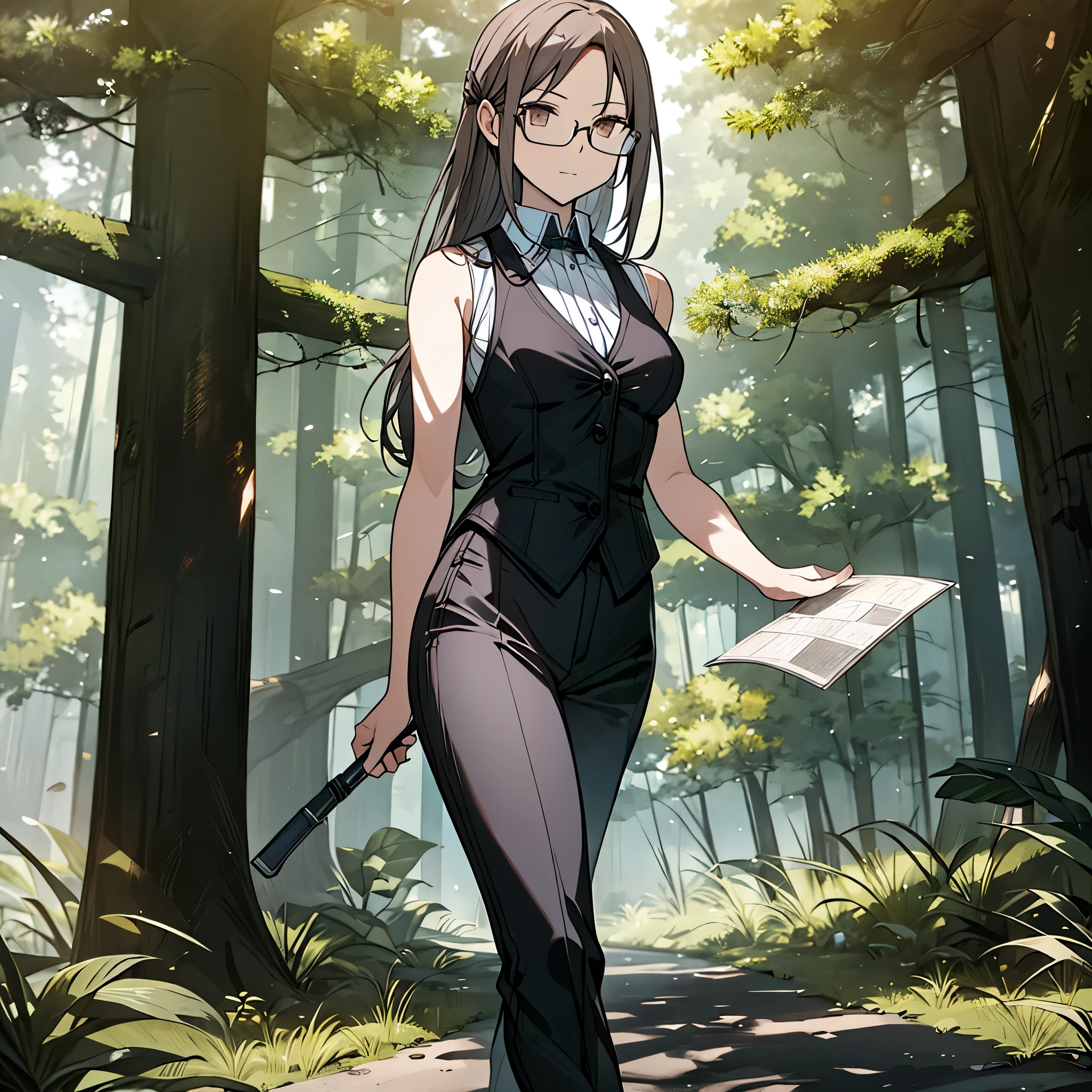 A woman wearing a sleeveless suit, brown adventurer pants, long gray hair, brown eyes, with explorer equipment, walking in a forest, holding a map, wearing glasses, high resolution, masterpiece, very detailed, 4h HD
