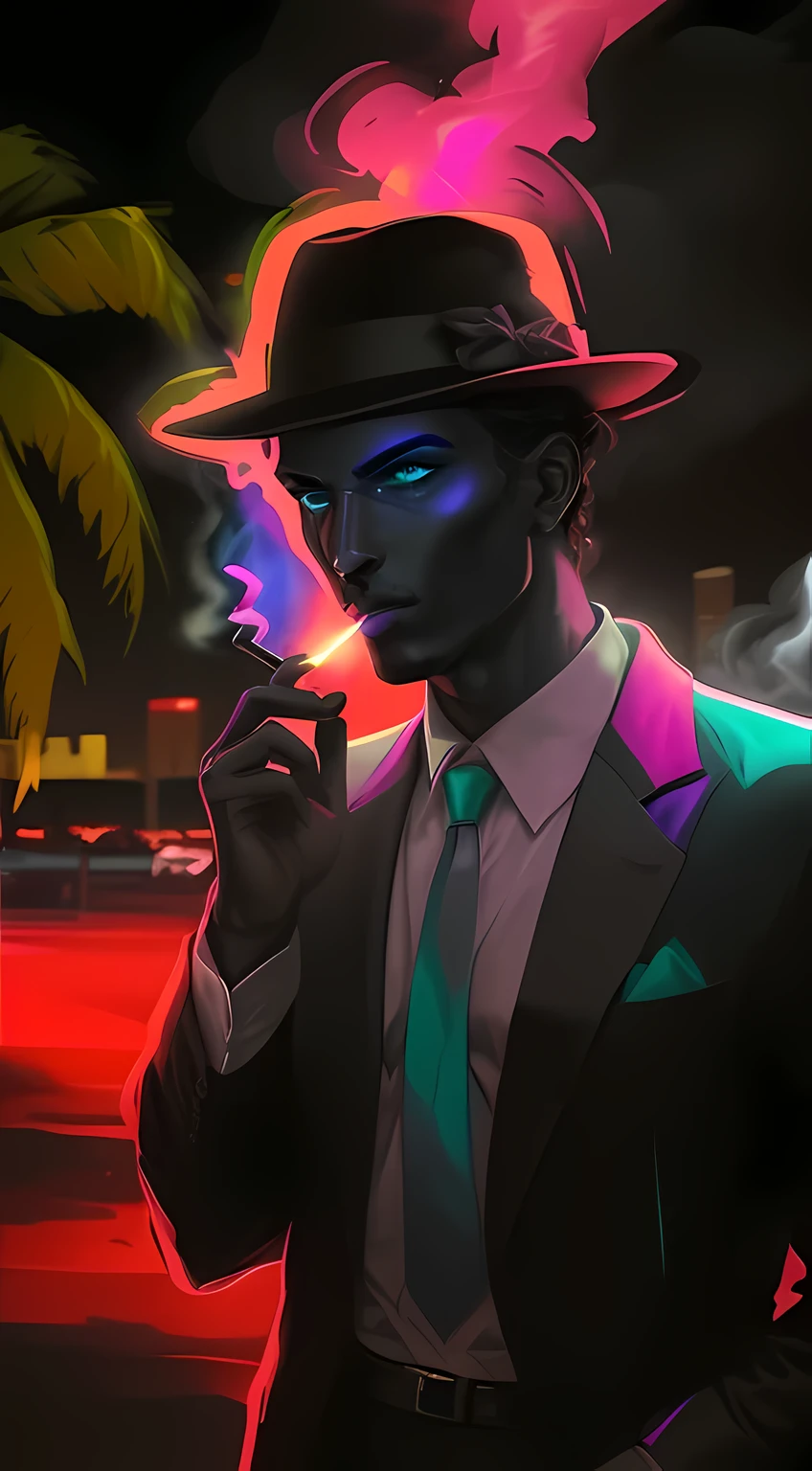 masterpiece, best quality, neon colors, captivating details, neon contrast, vibrant textures, A man in a suit smoking a cigarette, black hat, darkened face, walking like a rogue, miami beach, lens flare, radiant sun, colorful palette, vice city