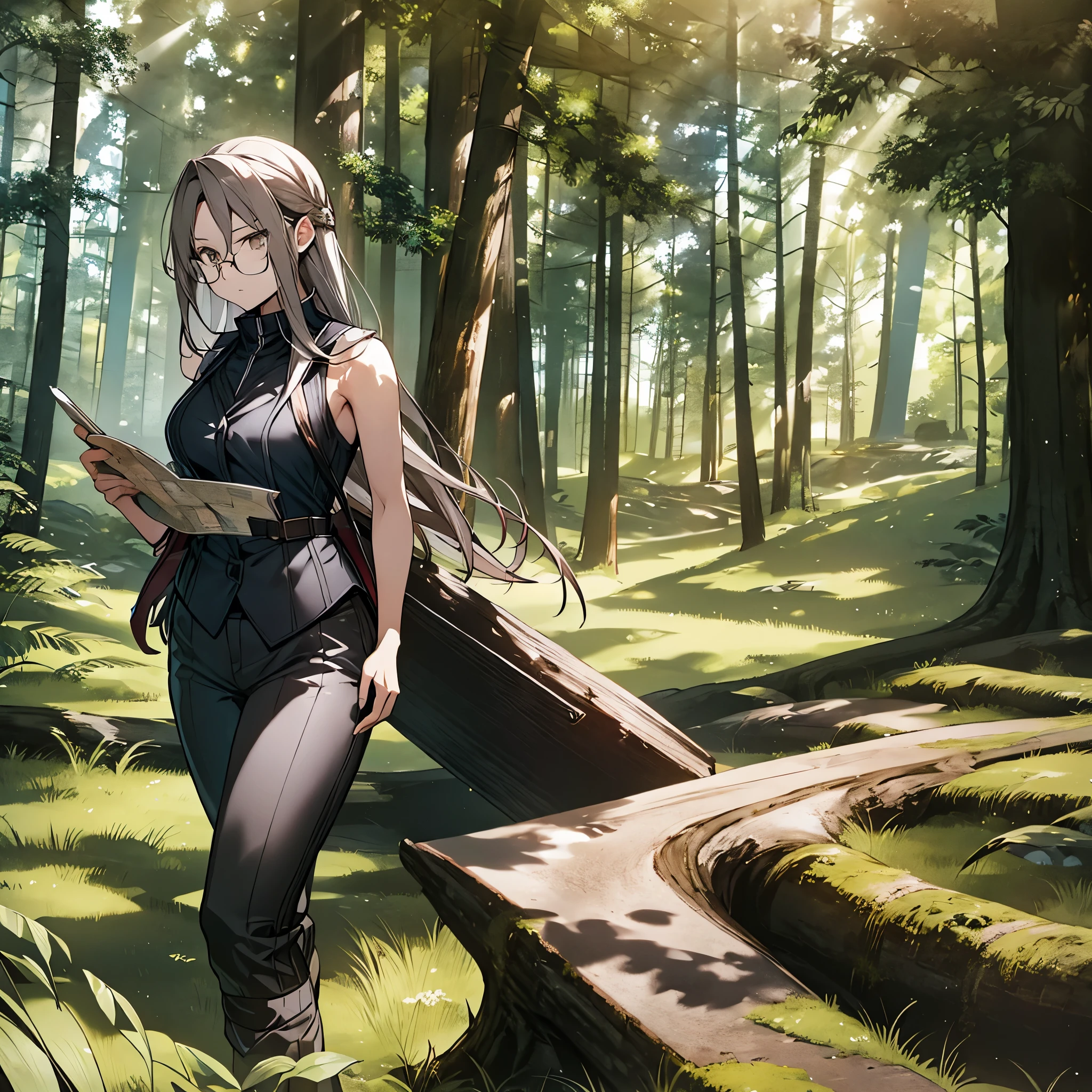 A woman wearing a sleeveless suit, brown adventurer pants, long gray hair, brown eyes, with explorer equipment, walking in a forest, holding a map, wearing glasses, high resolution, masterpiece, very detailed, 4h HD
