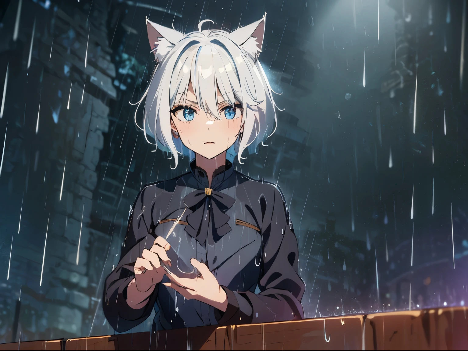 (highest quality), (masterpiece), 1080p, hd, 4k, 8K, masterpiece, magicとテクノロジーが共存する世界,1 person,boy,Cat ear,Cat earのティーンエイジャー(gray hair, short hair) ,magic,beautiful eyes、depicted in detail,evil look, (rain:1.5),rain降り,on the road