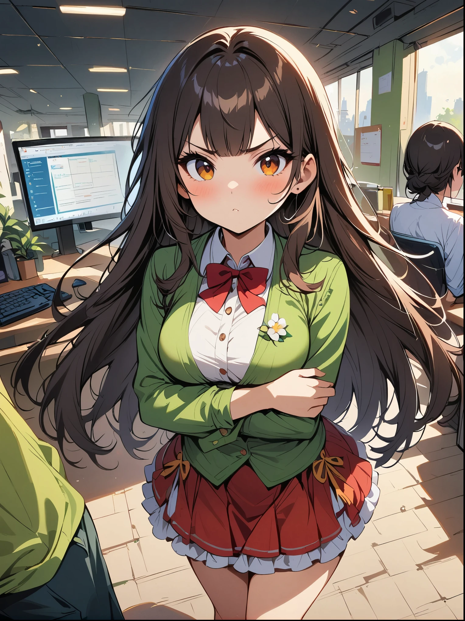 masterpiece, Excellent, (office: 1.8), Ultra-high-detail CG drawings, permanent, 1 Royal sisters, angry, woman with short brown hair, layered dress, hands crossed at waist, Face the audience, illustration, wide angle panorama