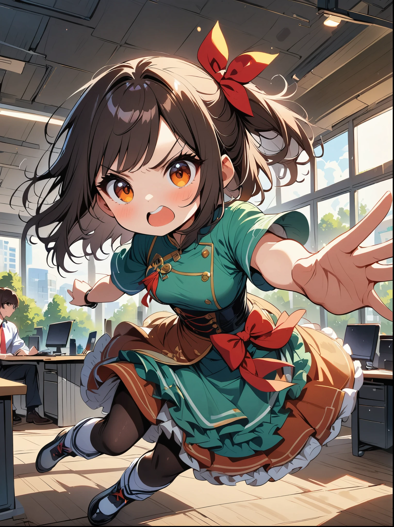 masterpiece, Excellent, (office: 1.8), Ultra-high-detail CG drawings, permanent, 1 Royal sisters, angry, woman with short brown hair, layered dress, hands crossed at waist, Face the audience, illustration, wide angle panorama