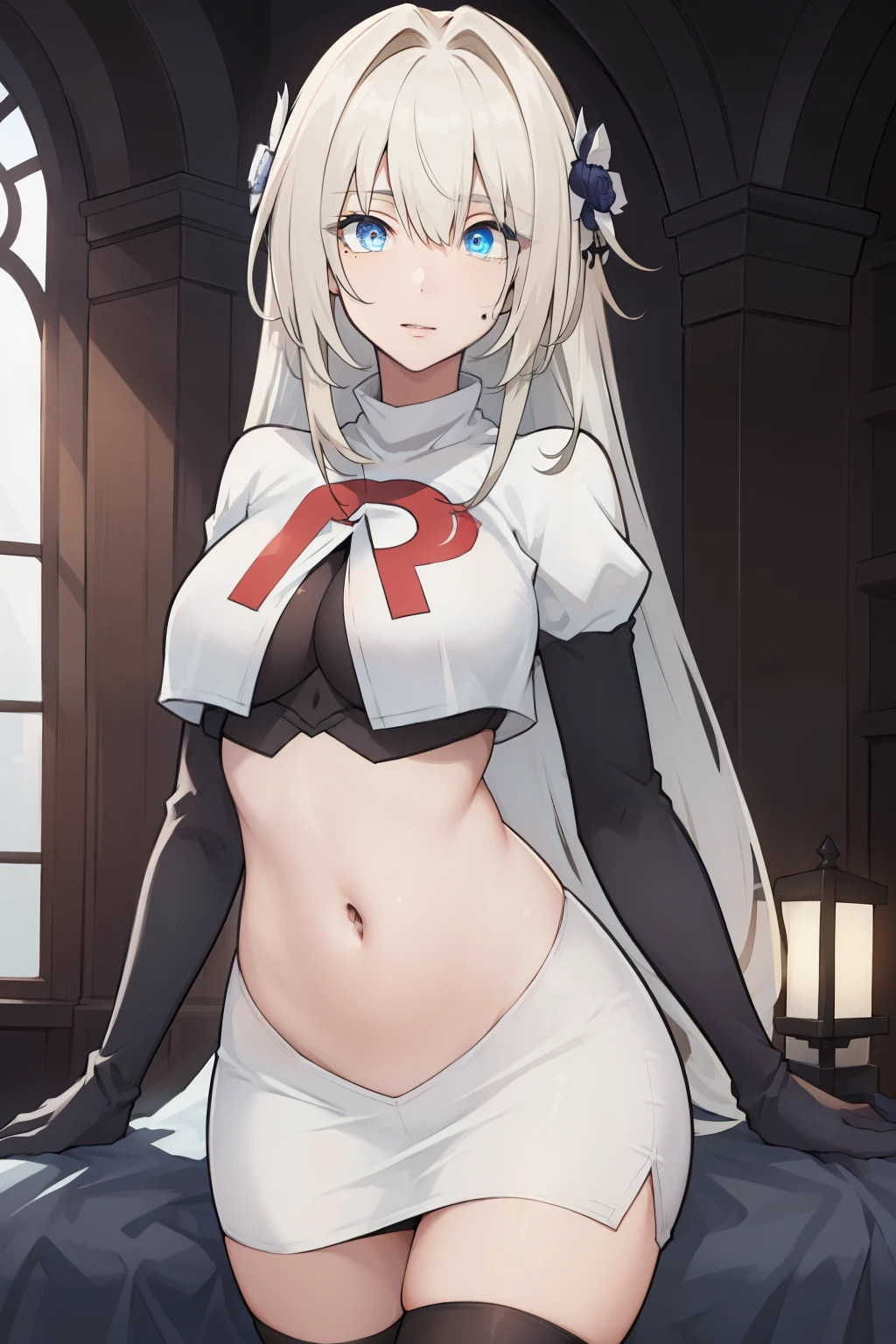 masterpiece, biancapgr_snpe, eyebrows visible through hair, hair ornament, mole under eye, (blue eyes:1.1), solo, team rocket, team rocket uniform, white skirt, red letter R, crop top, black thigh-highs, black elbow gloves, BREAK cowboy shot, looking at viewer, BREAK (masterpiece:1.2), best quality, high resolution, unity 8k wallpaper, (illustration:0.8), (beautiful detailed eyes:1.6), extremely detailed face, perfect lighting, extremely detailed CG, (perfect hands, perfect anatomy),