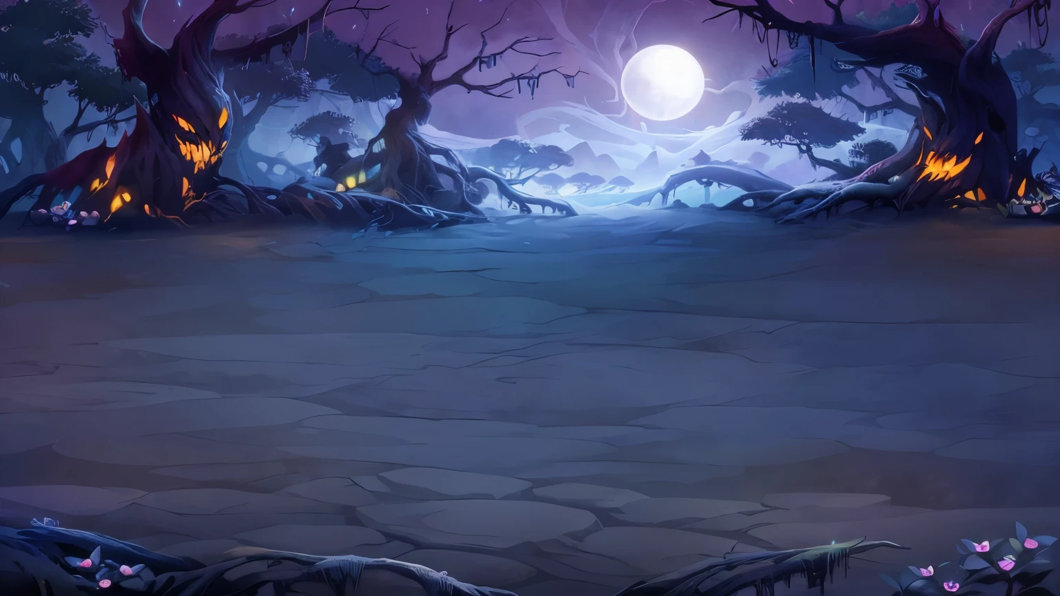 Cartoon illustration of creepy forest with full moon and path, Ultra-clear,4K,Scary magic background, background artwork, background art, Night forest background, haunted background, Game background, dark fantasy background, creepy backgrounds, Elf forest background, mobile Game background, 2D game art background, Night village background, Magic battlefield background, 2d Game background