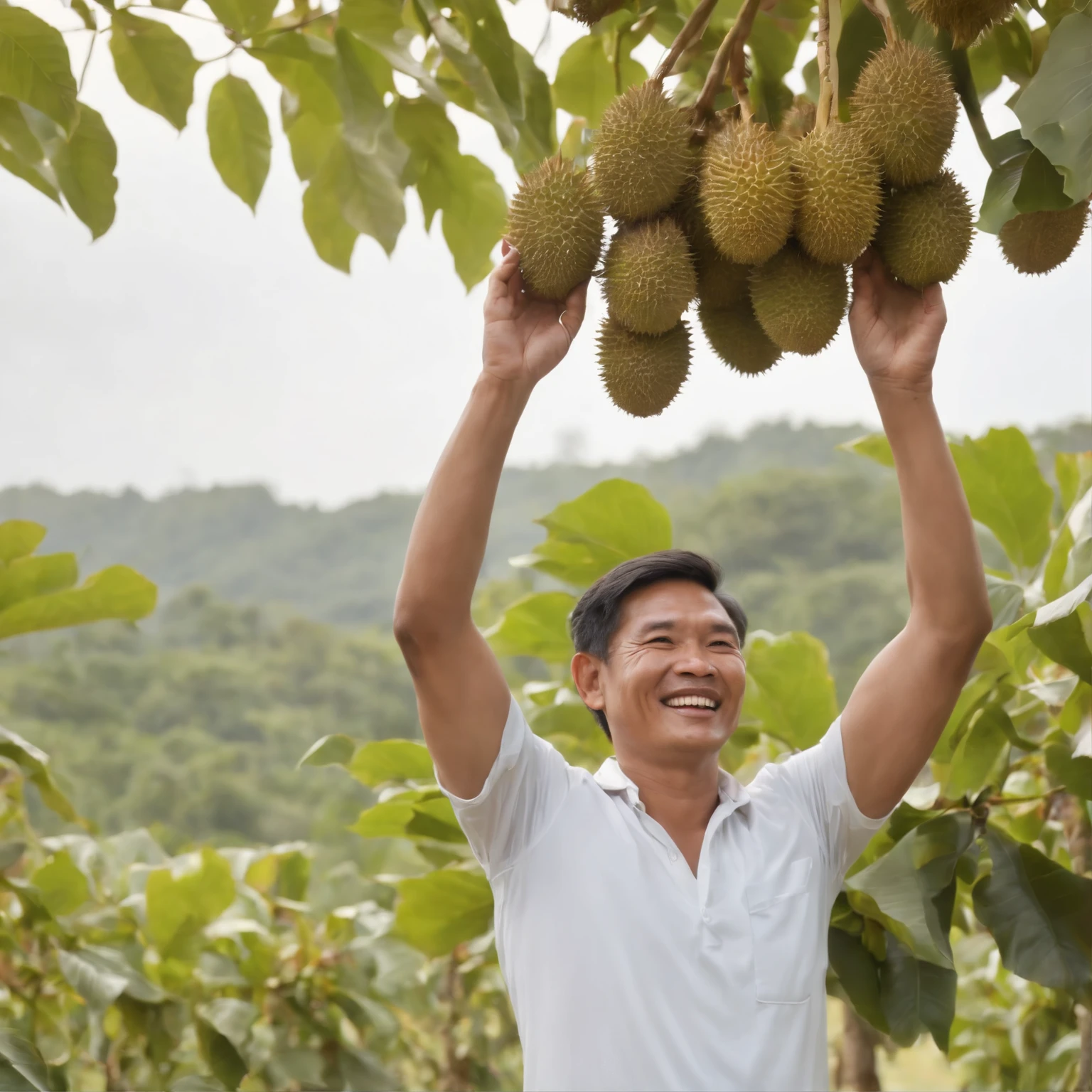 "A picture of a Thai farmer standing and happily raising his hands, very happy that his durian orchard has produced a good crop this year. The sky is bright and golden. The picture has great detail and is very sharp. Especially arranging the light path to be more realistic. His face was perfect and showed happiness and contentment.."