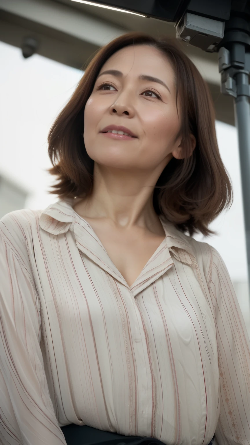 NSFW, ((highest quality)), ((8K)), ((masterpiece:1.3)), (perfect appearance), (photorealism:1.2), ((A woman waiting at a traffic light at a downtown intersection)), clear sky, japanese woman, (47 years old), married woman, ((Realistic skin texture 1.6)), (Fine wrinkles all over the skin:0.6), (dull skin:1.2), skin that has lost moisture, (wrinkles on the face:1.2), (Wrinkles at the corners of the eyes:1.2), double eyelids, Tear bag on lower eyelid, (Crying Kuroko:0.9), long hair, (先端をワンカールしたlong hair), hair blowing in the wind, Thin blouse with wide neckline, sheer room blouse, Flare pants that are tight around the waist, serious look, Straight line of sight, high heels, ((whole body)), (standing position), (super low angle:1.5), (Angle looking directly upwards:1.5), Japanese focus from chest up,