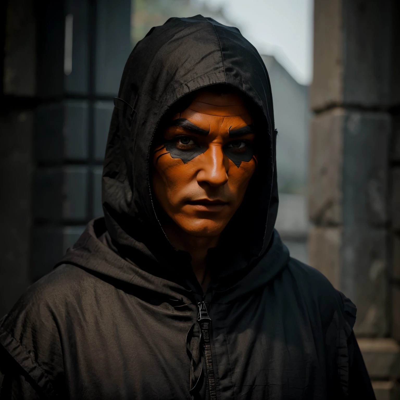 Elven man with grey skin dark hair and orange eyes wearing a dark cloak and black mask