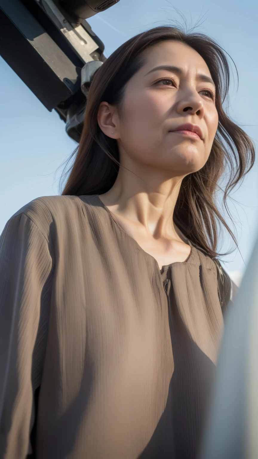 NSFW, ((highest quality)), ((8K)), ((masterpiece:1.3)), (perfect appearance), (photorealism:1.2), ((A woman waiting at a traffic light at a downtown intersection)), clear sky, japanese woman, (47 years old), married woman, ((Realistic skin texture 1.6)), (Fine wrinkles all over the skin:0.6), (dull skin:1.2), skin that has lost moisture, (wrinkles on the face:1.2), (Wrinkles at the corners of the eyes:1.2), double eyelids, Tear bag on lower eyelid, (Crying Kuroko:0.9), long hair, (先端をワンカールしたlong hair), hair blowing in the wind, Thin blouse with wide neckline, sheer room blouse, Flare pants that are tight around the waist, serious look, Straight line of sight, high heels, ((whole body)), (standing position), (super low angle:1.5), (Angle looking directly upwards:1.5), whole bodyにフォーカス, multiple figures behind,