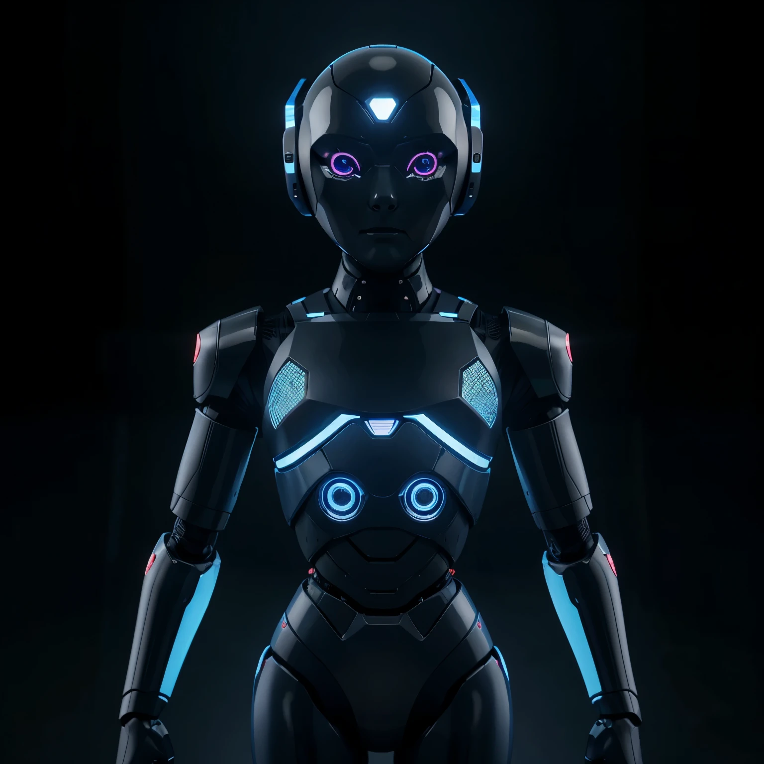 Illustrations of people applauding cyber humanoid robot in a dark background