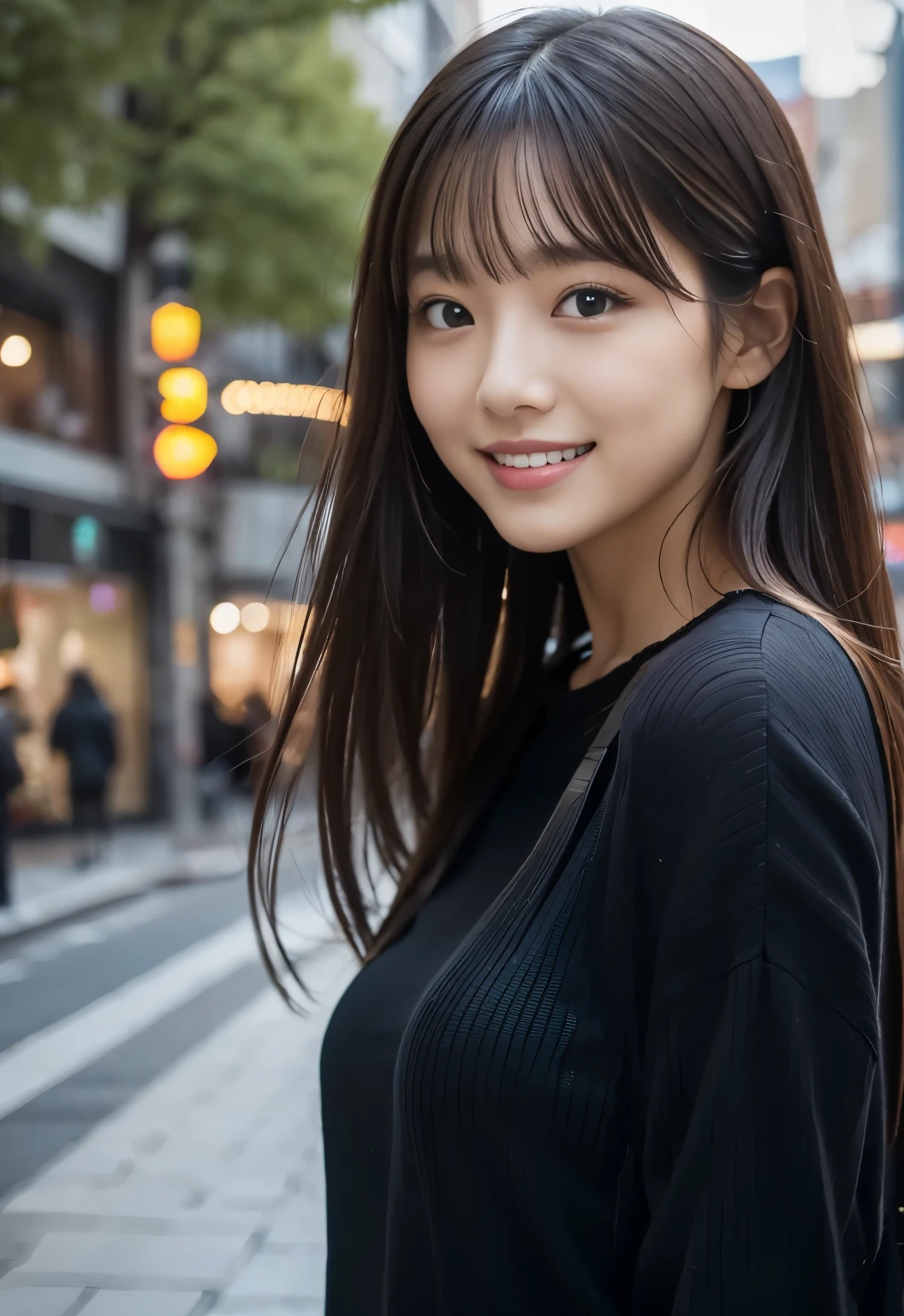 (((Shopping Centre:1.3, outdoor, Photographed from the front))), ((long hair:1.3, black knit,Smile,japanese woman,cute)), (clean, natural makeup), (highest quality, masterpiece:1.3, 超High resolution), (Super detailed, caustics), (realistic:1.4, RAW shooting), very detailed, High resolution, 16K resolution