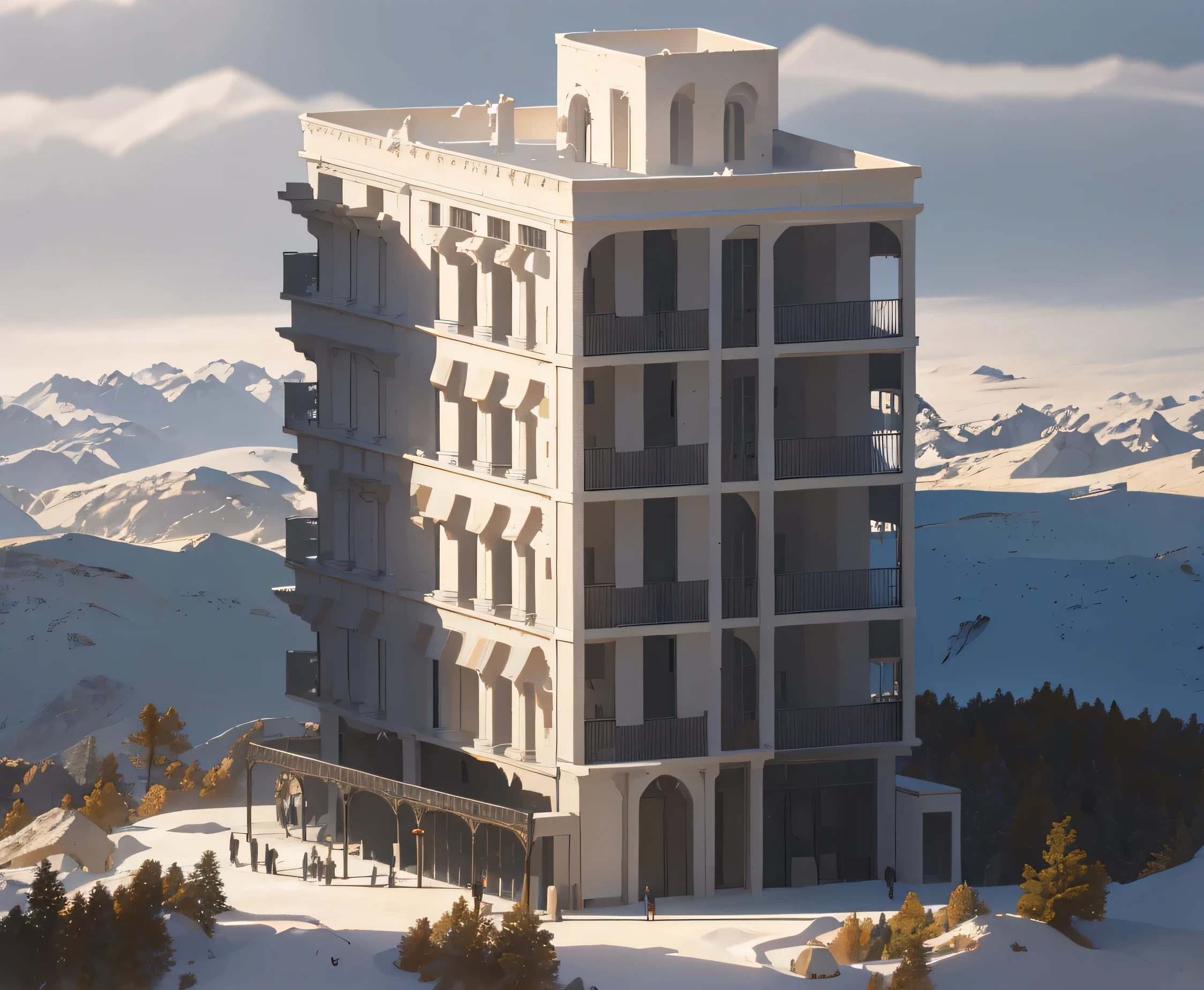 un rendu d&#39;un grand immeuble avec des balcons et des balcons au sommet, multi-story building, Complete building, building facing, realistic building, rendu, Unique building, An extremely detailed building, middle view, orthographic Rendu 3D, vue en élévation, rendu 3D, Rendu 3D, rendu d&#39;architecture, rendu architectural 3D, rendu 2D