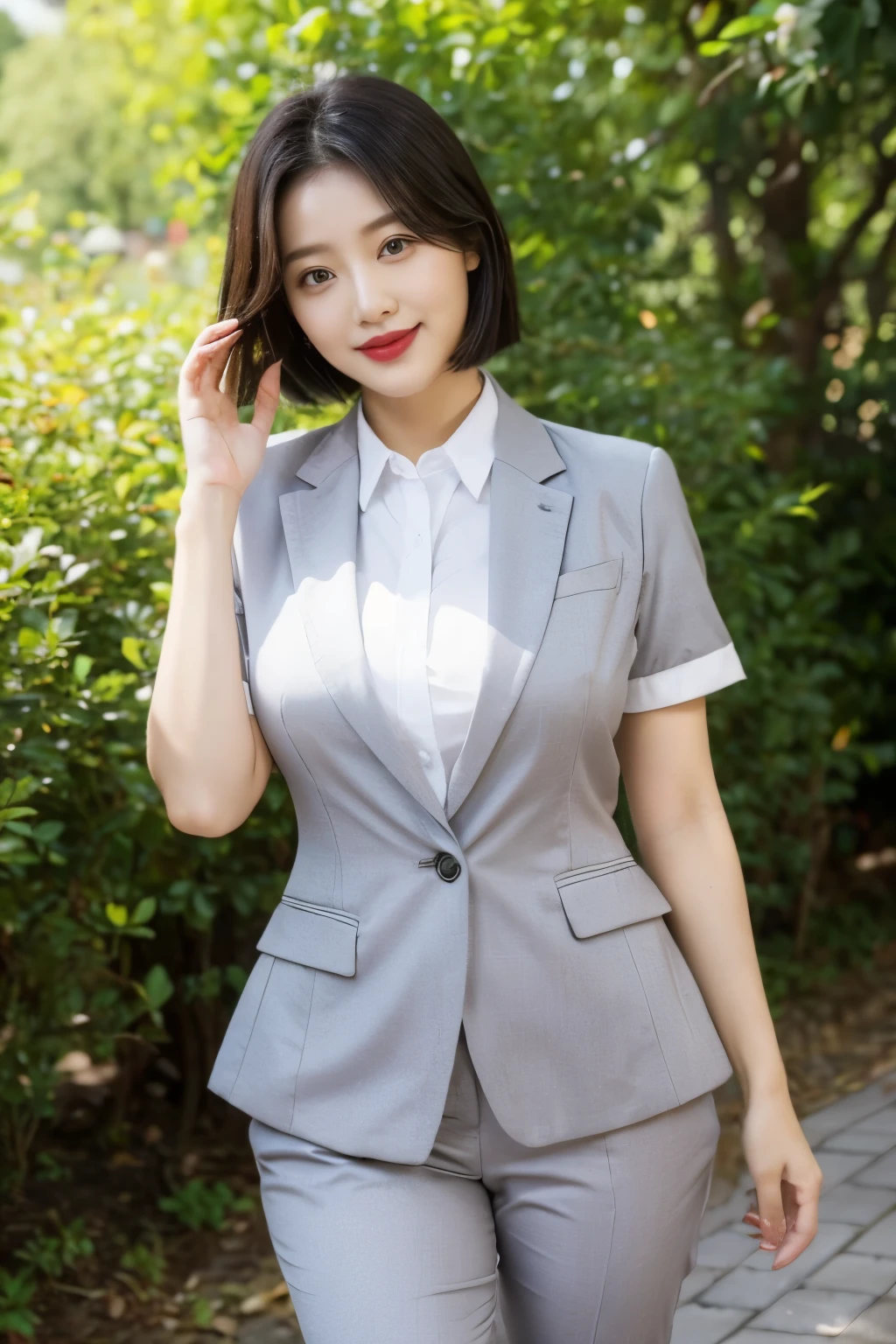 Draw lips correctly, red lipstick, from chest up, best quality, Super detailed, lifelike, Super fine skin, perfect anatomy,facial focus, (1 日本Mature的女人), (alone),Wear a white collared shirt、gray suit、short sleeve,short hair,35 year old female,Mature,charming smile,outdoor background,stand,Leg length,Chubby,Big breasts,stand up,full-body shot