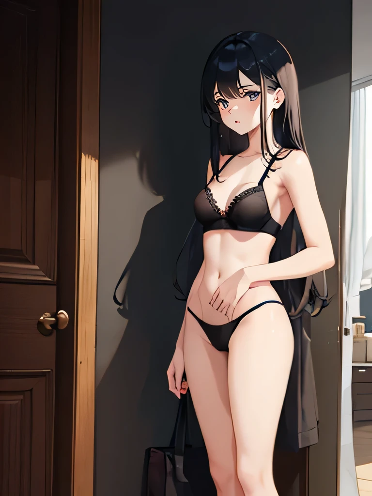 a age girl is standing upright, she is making serious look with naked, she is wearing black underwear, black bra, black panty, black socks