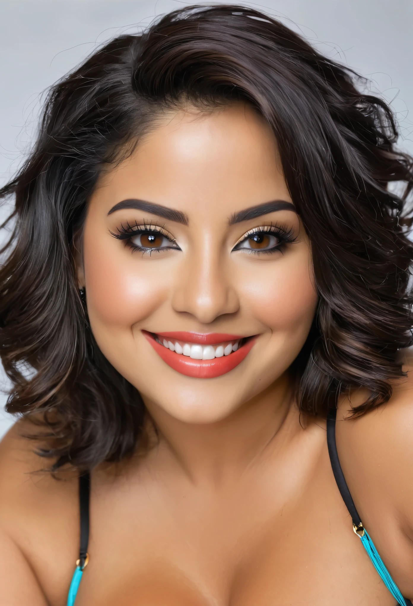 Modelo morena, curvy with small breasts, pelo largo negro, ojos marrones, with specifically Venezuelan Latin features, sonriendo tomandose foto al espejo