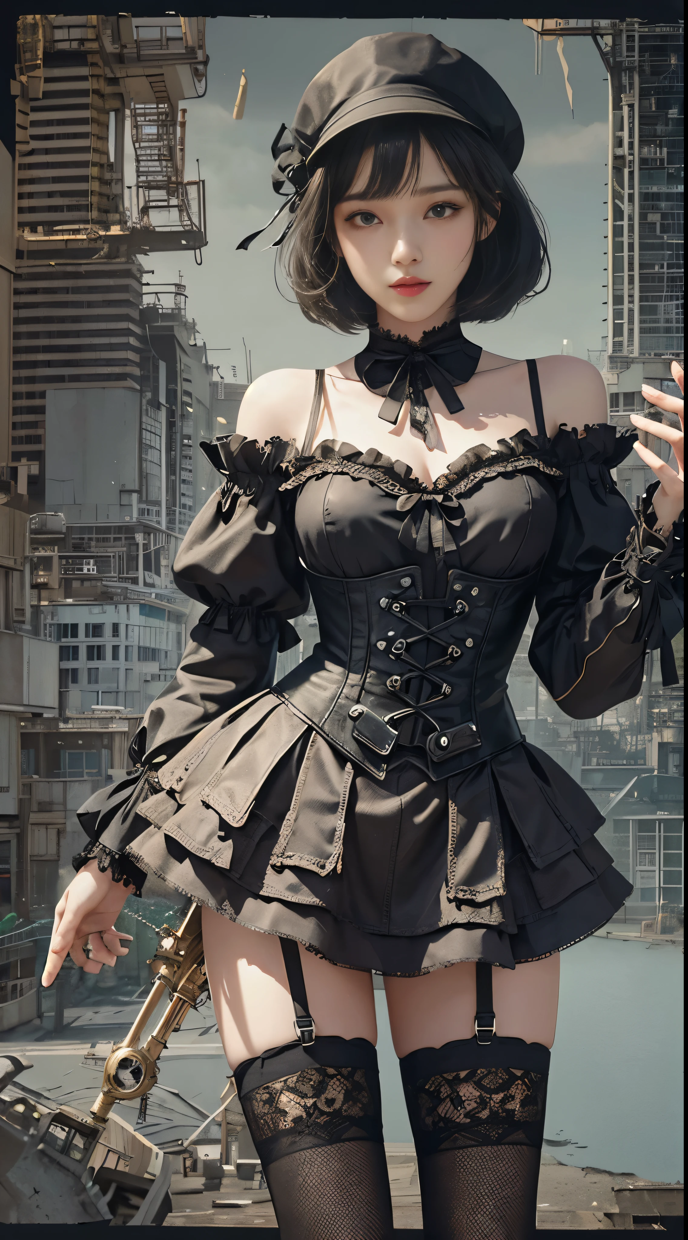 (((masterpiece, highest quality, Super detailed))), 1 female, (((very thin body))) , (((length, thin legs))), (((black short bob, thick fluffy bangs ))), (((highly detailed face))), No cosmetics, small and thin nose, thin mouth with small lips, (((Very sharp focused eyes))), Precise pale gray eyes with large slits, shine like a jewel, length eyelashes, ((Highly decorative intricate mechanical steampunk fashion, Lace Flare Mini Skirt, above the knee lace stockings, Lace Off Shoulder ta Fashion, Overly decorative fashion)), Abandoned Night, Complex mechanized steampunk factory catches fire and explodes, (((Overall accuracy has been dramatically improved, creating a Super detailed and realistic image))), super realistic photos, (((steampunk gun)))