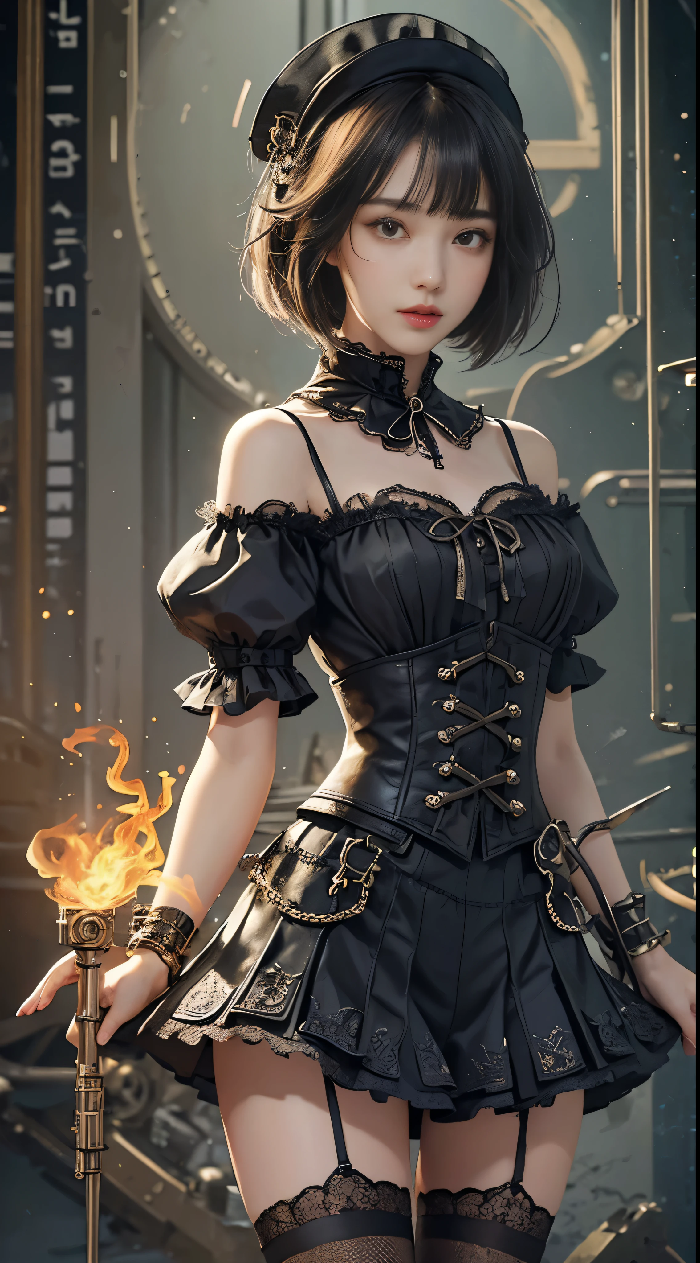 (((masterpiece, highest quality, Super detailed))), 1 female, (((very thin body))) , (((length, thin legs))), (((black short bob, thick fluffy bangs ))), (((highly detailed face))), No cosmetics, small and thin nose, thin mouth with small lips, (((Very sharp focused eyes))), Precise pale gray eyes with large slits, shine like a jewel, length eyelashes, ((Highly decorative intricate mechanical steampunk fashion, Lace Flare Mini Skirt, above the knee lace stockings, Lace Off Shoulder ta Fashion, Overly decorative fashion)), Abandoned Night, Complex mechanized steampunk factory catches fire and explodes, (((Overall accuracy has been dramatically improved, creating a Super detailed and realistic image))), super realistic photos, (((steampunk gun)))