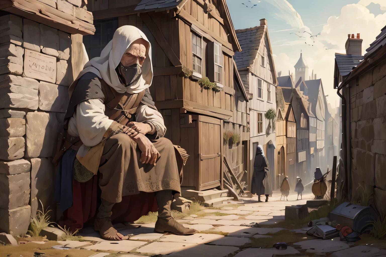An illustration of a sick citizen during a plague outbreak in a medieval setting, capturing the grim reality of the time. The scene features detailed linework reminiscent of 14th-century manuscript illuminations, with a focus on the distressed facial expression of the individual. The background includes a medieval village with stone buildings and narrow cobbled streets.
