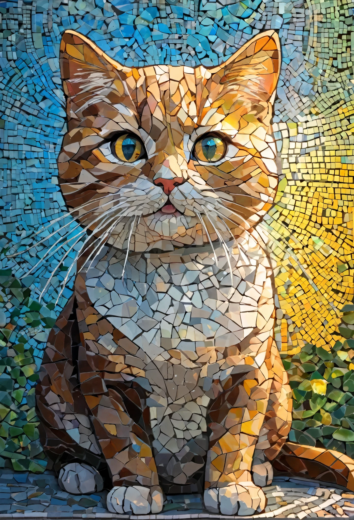 Portrait of kitty adventurer ,radiation mosaic:1.2, catch the sun:0.8, Like shards of glass that infuse warmth and energy into the space:0.4 Flash and Dance.