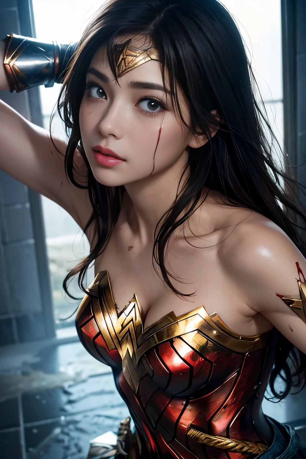 underground、prison、wonder woman,my hair is soaked,dripping water,Bruises on the face,facial scars,Oozing blood,Blood flowing from the mouth,sleeping face,syncope,battle damage、Bruises on the face or body,very dirty face,Very dirty body)、fine 目、puffy eyes、highest quality, ultra high resolution, reality: 1.4, movie lighting、超reality的な、8K、slanted bangs、brown hair、messy hair,20-year-old,wonder womanティアラ