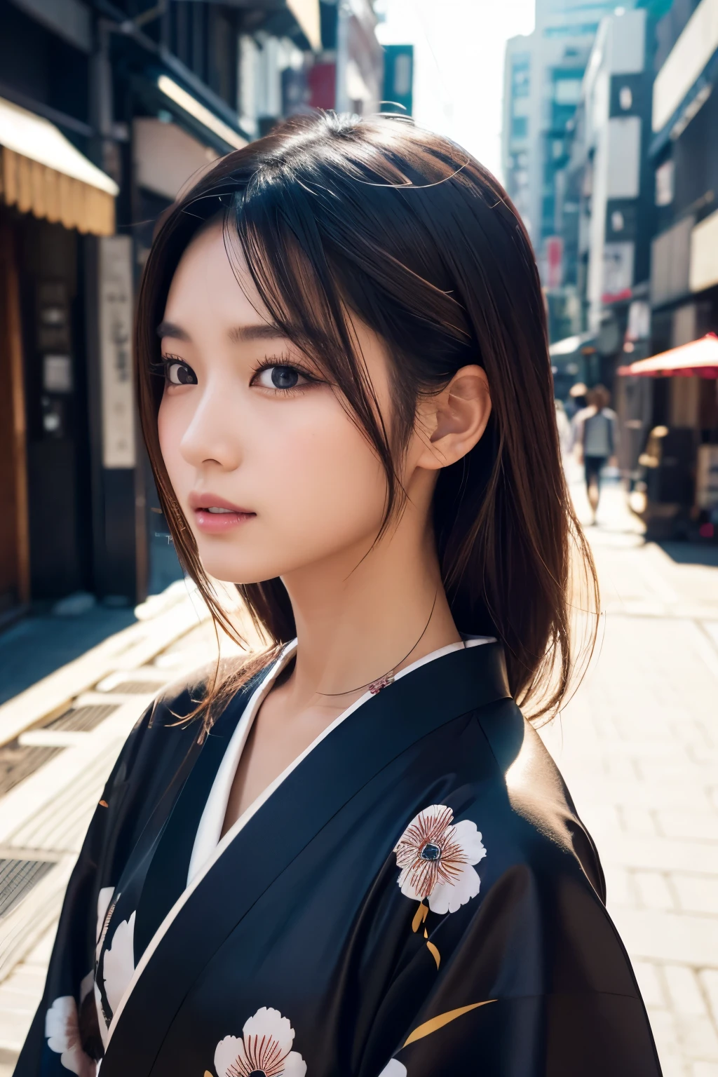 Beautiful Japanese supermodel woman, A lock of hair with slight highlights, black eyes, Sexy,street background,Gorgeous kimono , Liquid color flows across her face, Shooting against the light,Perfect facial lighting,mixed media