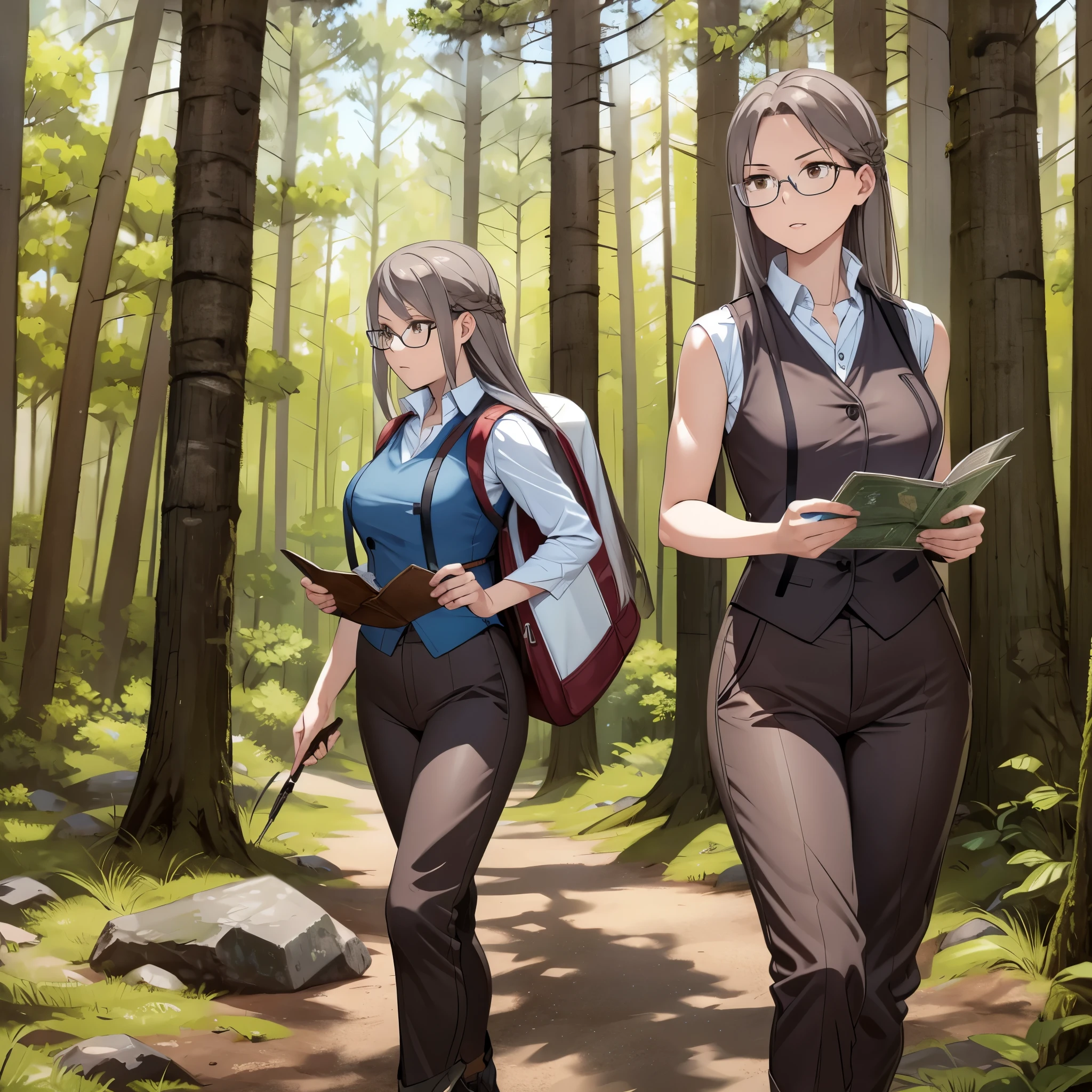 A woman wearing a sleeveless suit, brown adventurer pants, long gray hair, brown eyes, with explorer equipment, walking in a forest, holding a map, wearing glasses, high resolution, masterpiece, very detailed, 4h HD
