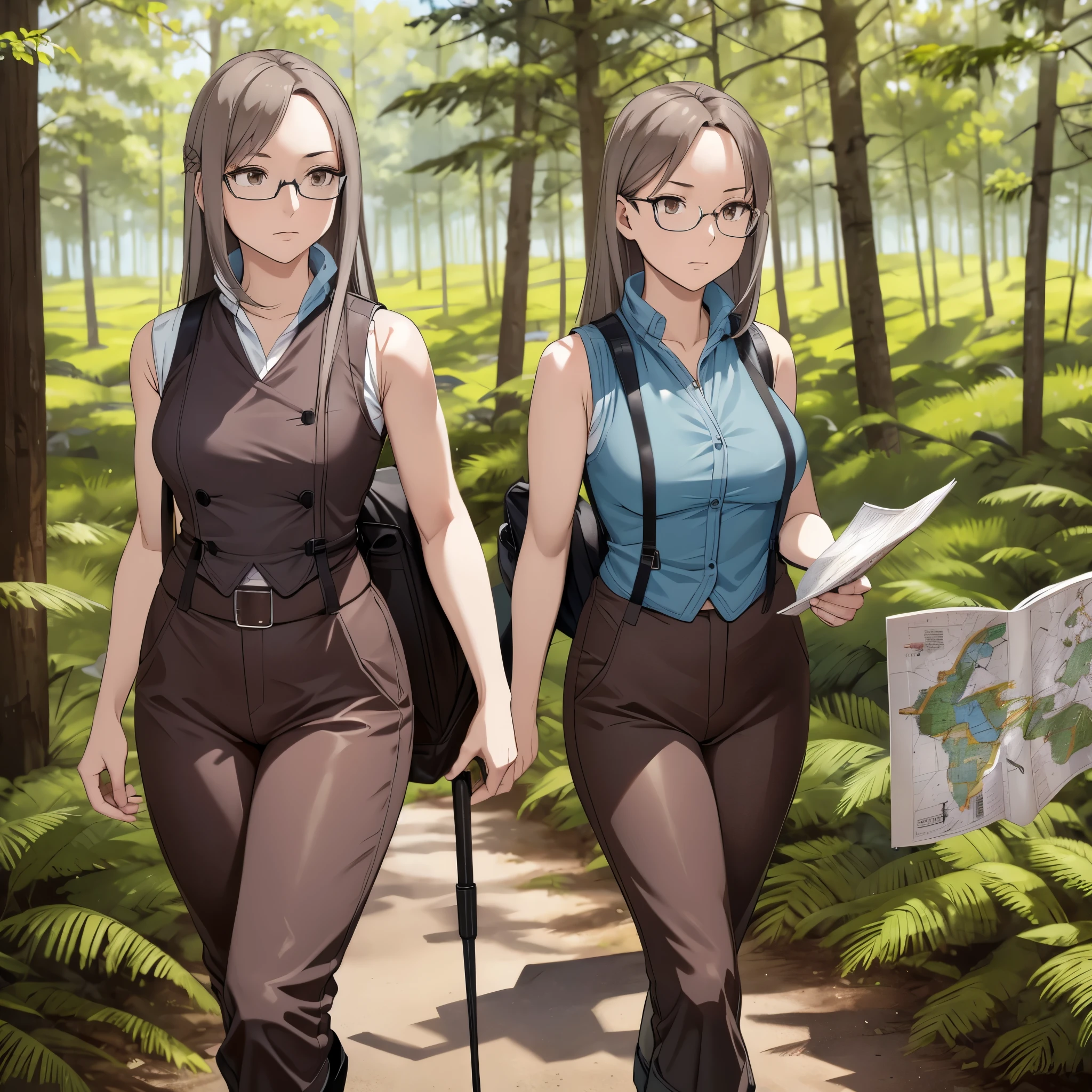 A woman wearing a sleeveless suit, brown adventurer pants, long gray hair, brown eyes, with explorer equipment, walking in a forest, holding a map, wearing glasses, high resolution, masterpiece, very detailed, 4h HD
