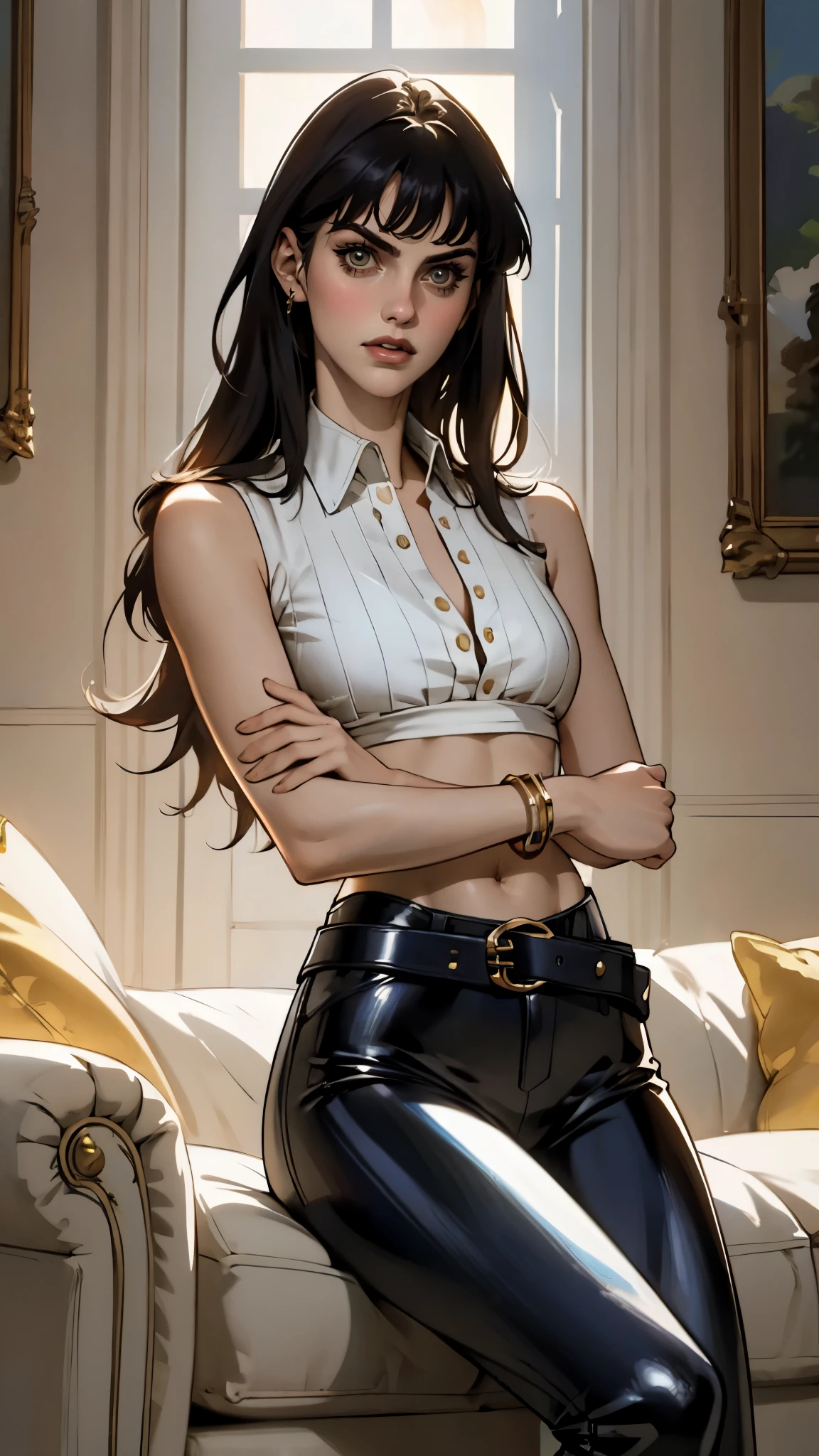 A beautiful woman with long shiny black hair, choppy bangs, a delicate face, a cold proud gaze, a fit figure, a fantasy-style high-necked leather breastplate top, sleeveless, exposes her waist, a bracelet adorns her wrist, tight-fitting leather pants, her right hand holds a longsword with a blue scabbard, she lounges casually sitting on a sofa, this character embodies a finely crafted fantasy-style bounty hunter in anime style, exquisite and mature manga art style, (Alexandra Daddario:1.2), high definition, best quality, highres, ultra-detailed, ultra-fine painting, extremely delicate, professional, anatomically correct, symmetrical face, extremely detailed eyes and face, high quality eyes, creativity, RAW photo, UHD, 32k, Natural light, cinematic lighting, masterpiece-anatomy-perfect, masterpiece:1.5