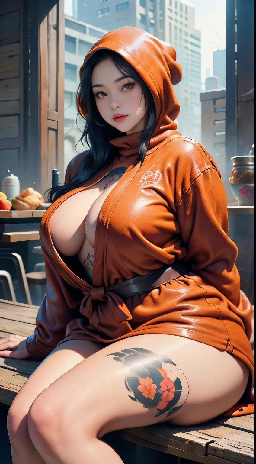 there is a woman sitting down with a longest brown hair, bbwchan, thicc, brown hijab outfit, brown hairstyle model, korean girl, korean woman, wearing brown robe, full length shot, alluring plus sized model, japanese goddess, clothed in hooded, voluptuous and arousing, portrait shot, curvy model, voluptuous body, wonderful, nene tanaka body , bbwchan, The overall atmosphere is smooth , haunting illustrations, extremely high-resolution details, photographic, realism pushed to extreme, fine texture, 4k, ultra-detailed, high quality, high contrast, red sneakers , cold atmosphere ,, cold atmosphere ,, ((Detailed texture of tattooed skin)), tattoo round breasts, irezumi tattoo style, tattoo on breasts, tttattoo, showing her thigh , tattoo on thigh, a close up of a woman with tattoos on her body, inked, tattooed body, fully tattooed body, tattooed, full-body tattoos, full - body tattoos, , full body tattoo, with tattoos, , tattoos, tattoos all over the skin, tattoos and piercings, ((Neka: 0.45)) LoRA, {{Big brother&#39;s tattooed woman Iremuzi tattoo style v1.0: 0.91}},, ((BohoAI v1.0 : 0.45))