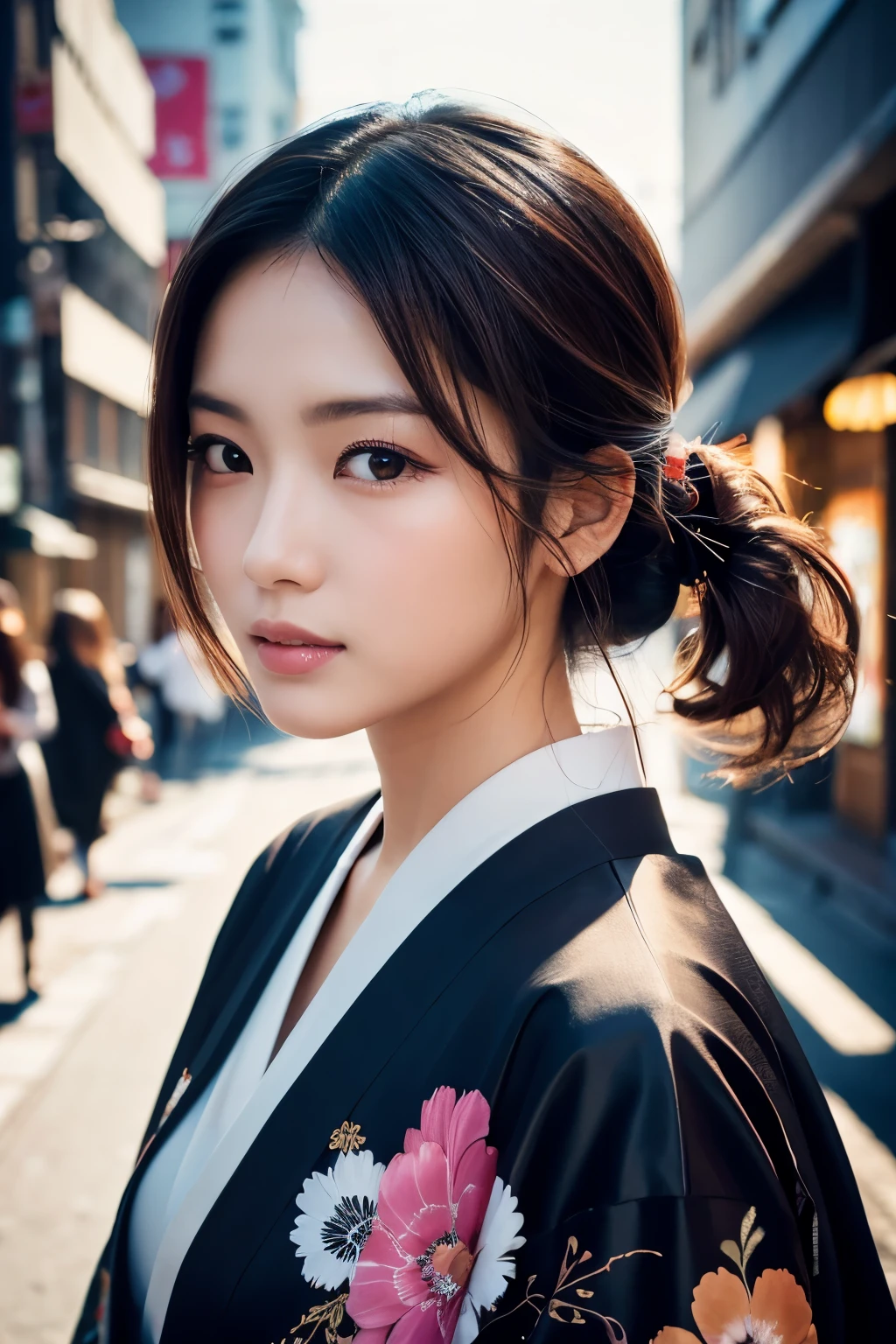 Beautiful Japanese supermodel woman, A lock of hair with slight highlights, black eyes, Sexy，street background，Gorgeous kimono , Liquid color flows across her face, Shooting against the light，Perfect facial lighting，mixed media