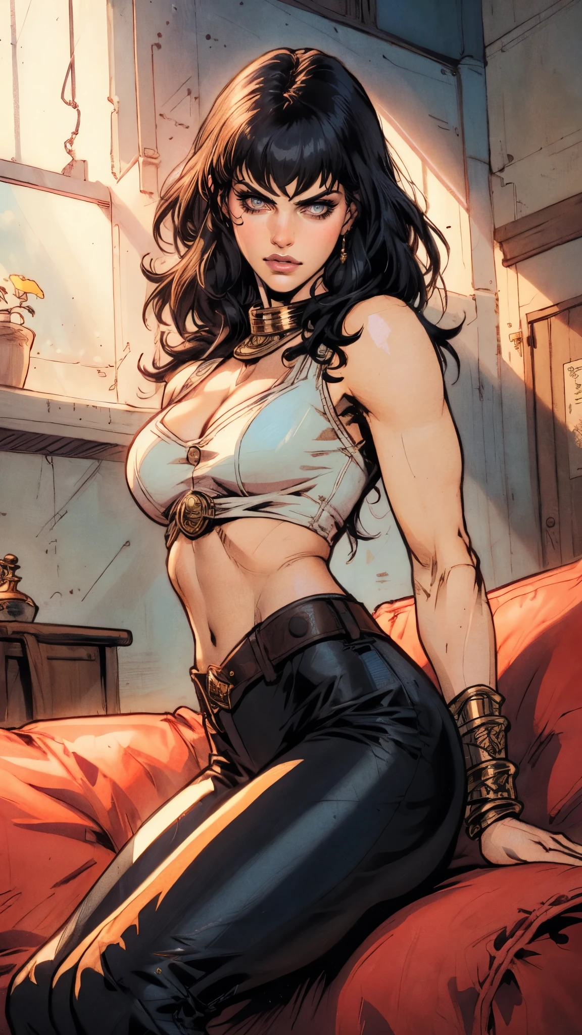 A beautiful woman with long shiny black hair, choppy bangs, a delicate face, a cold proud gaze, a fit figure, a fantasy-style high-necked leather breastplate top, sleeveless, exposes her waist, a bracelet adorns her wrist, tight-fitting leather pants, her right hand holds a longsword with a blue scabbard, she lounges casually sitting on a sofa, this character embodies a finely crafted fantasy-style bounty hunter in anime style, exquisite and mature manga art style, (Alexandra Daddario:1.2), high definition, best quality, highres, ultra-detailed, ultra-fine painting, extremely delicate, professional, anatomically correct, symmetrical face, extremely detailed eyes and face, high quality eyes, creativity, RAW photo, UHD, 32k, Natural light, cinematic lighting, masterpiece-anatomy-perfect, masterpiece:1.5