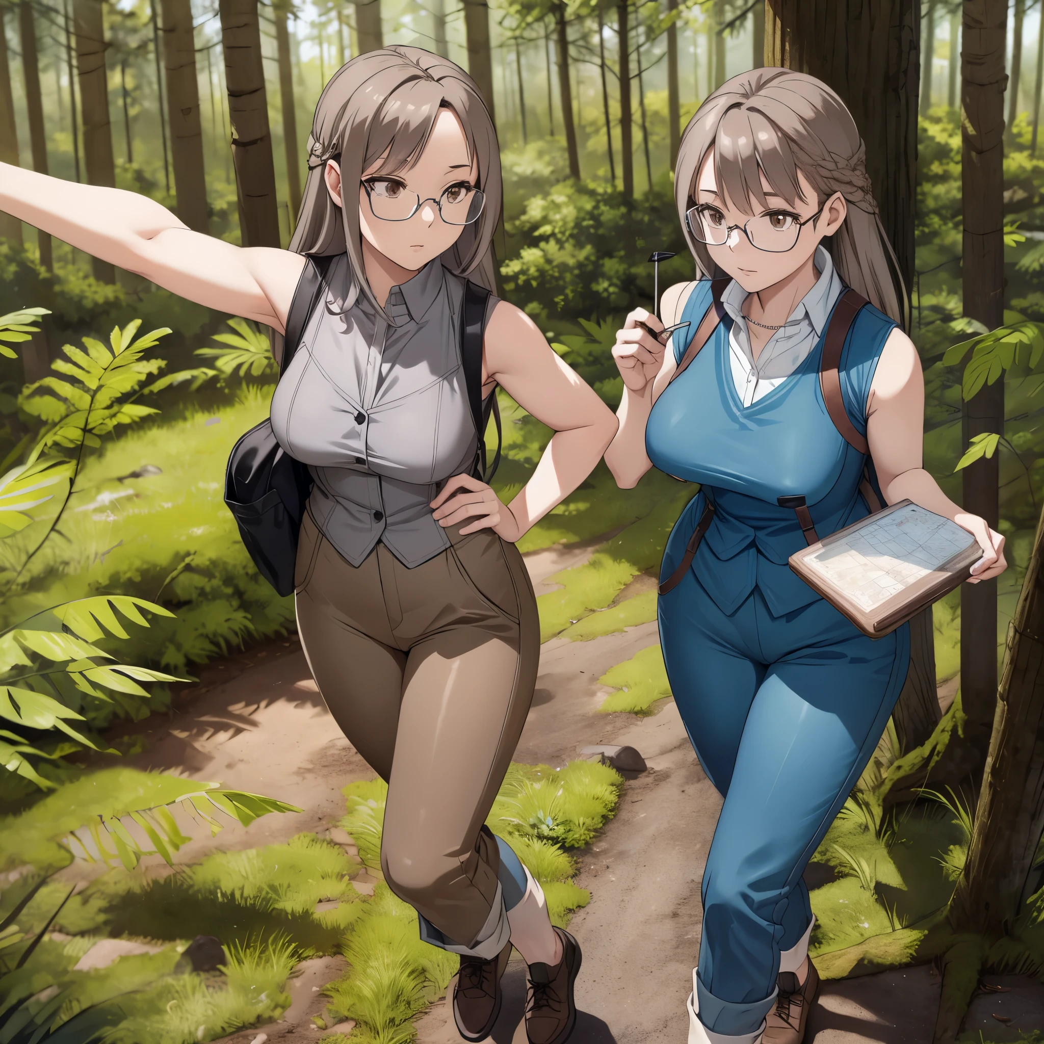 A woman wearing a sleeveless suit, brown adventurer pants, long gray hair, brown eyes, with explorer equipment, walking in a forest, holding a map, wearing glasses, high resolution, masterpiece, very detailed, 4h HD
