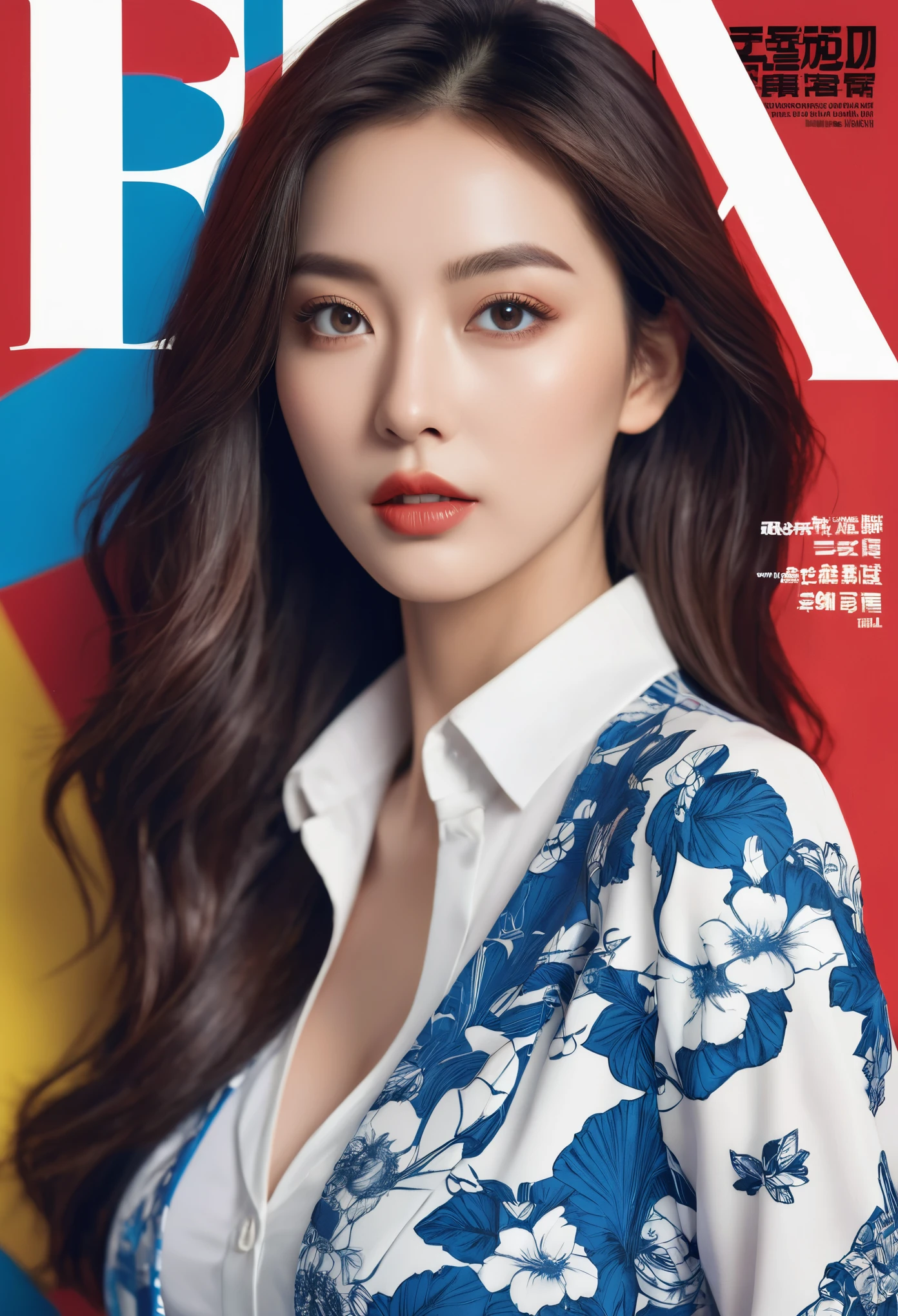 K-Comic Style,(8k, best quality, masterpiece), ultra-detailed, (high detailed skin),glossy skin, contrapposto, female focus, model, (hot:0.7), sexy, fine fabric emphasis, wall paper, crowds, fashion, Lipstick, depth of field, street, in public, Magazine cover, (title), (Magazine cover-style illustration of a fashionable woman), posing in front of a colorful and dynamic background. (The text on the cover should be bold and attention-grabbing, with the title of the magazine and a catchy headline),(hutaosl:1.2), blue jacket, blue skirt, white shirt,Black pantyhose, eyewear hang, red eyes,(long brown hair:1.1), blue hairband, off shoulder, open jacket, (good hands, nice hands:0.5),(beautiful_face), ((intricate_detail)),((finely_detailed)), fine_fabric_emphasis,((glossy)),