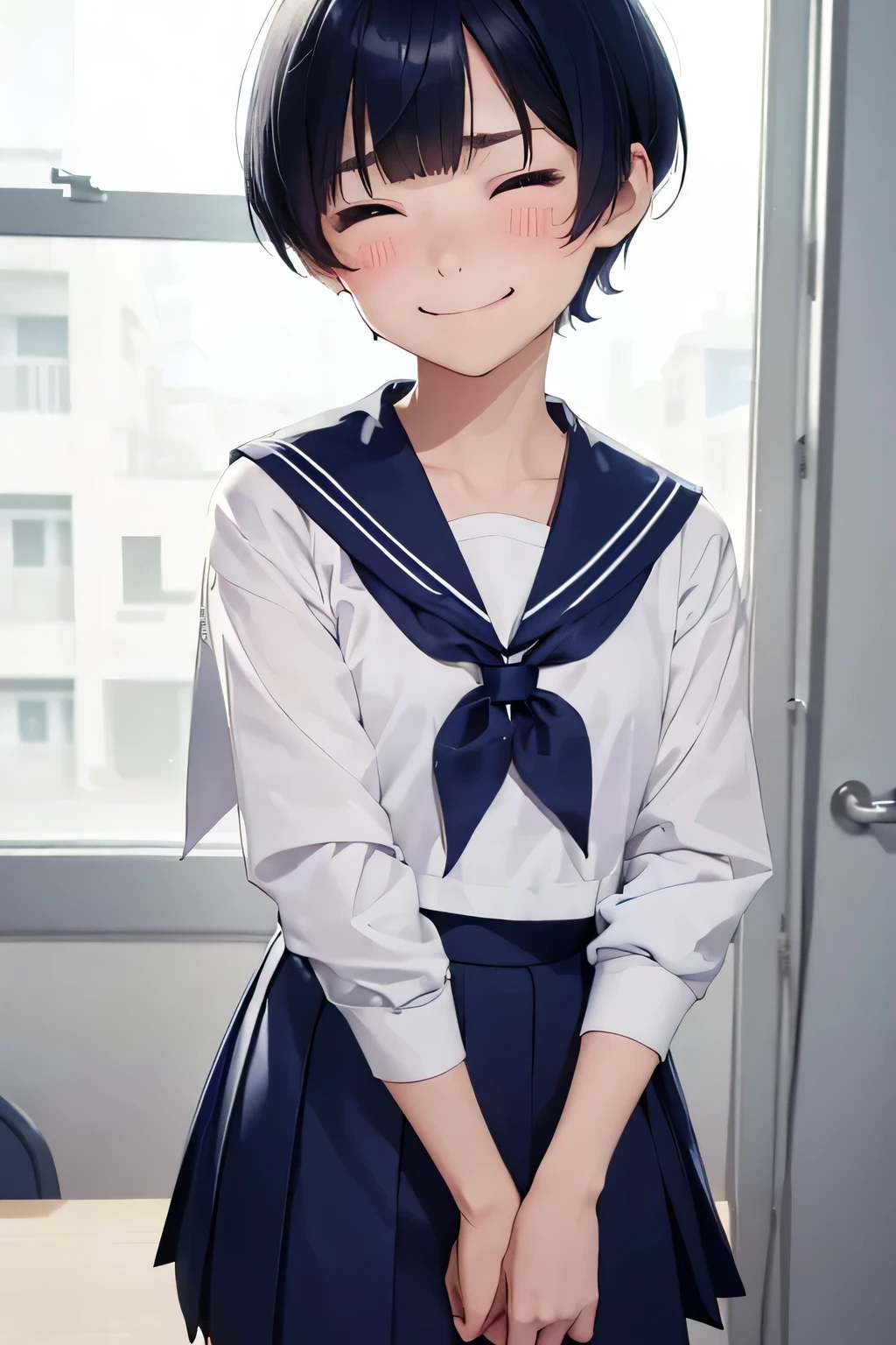 (highest quality, masterpiece, High resolution、High school girl in sailor suit、navy blue skirt、small chest:1.12、slender、Lateral hair is short、Short back hair、short hair、classroom、smile、thin eyebrows)、(((squinting)))、(((facing away)))、(((very white skin)))、(((small vertical eyes)))