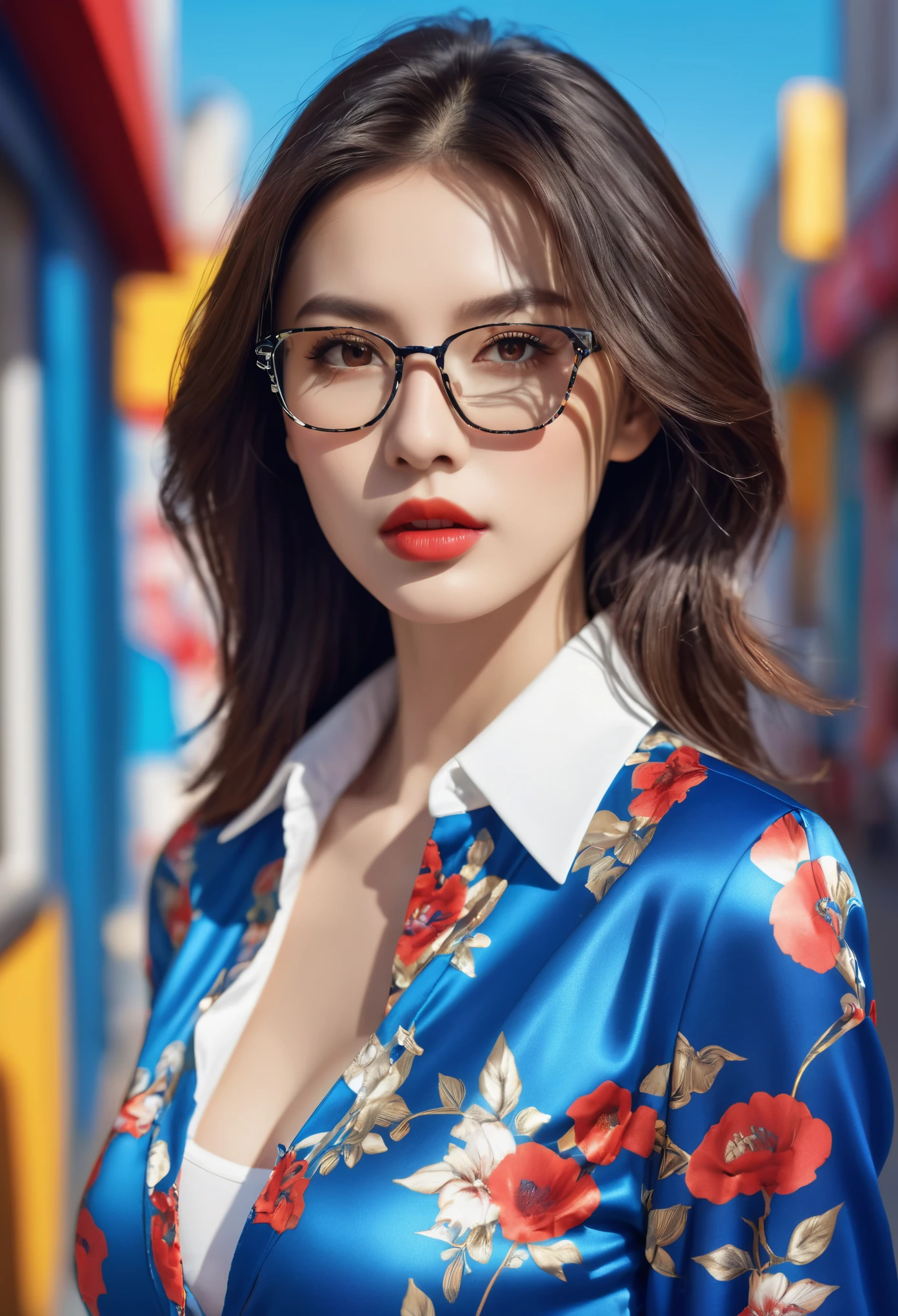 K-Comic Style,(8k, best quality, masterpiece), ultra-detailed, (high detailed skin),glossy skin, contrapposto, female focus, model, (hot:0.7), sexy, fine fabric emphasis, wall paper, crowds, fashion, Lipstick, depth of field, street, in public, Magazine cover, (title), (Magazine cover-style illustration of a fashionable woman), posing in front of a colorful and dynamic background. (The text on the cover should be bold and attention-grabbing, with the title of the magazine and a catchy headline),(hutaosl:1.2), blue jacket, blue skirt, white shirt,Black pantyhose, eyewear hang, red eyes,(long brown hair:1.1), blue hairband, off shoulder, open jacket, (good hands, nice hands:0.5),(beautiful_face), ((intricate_detail)),((finely_detailed)), fine_fabric_emphasis,((glossy)),