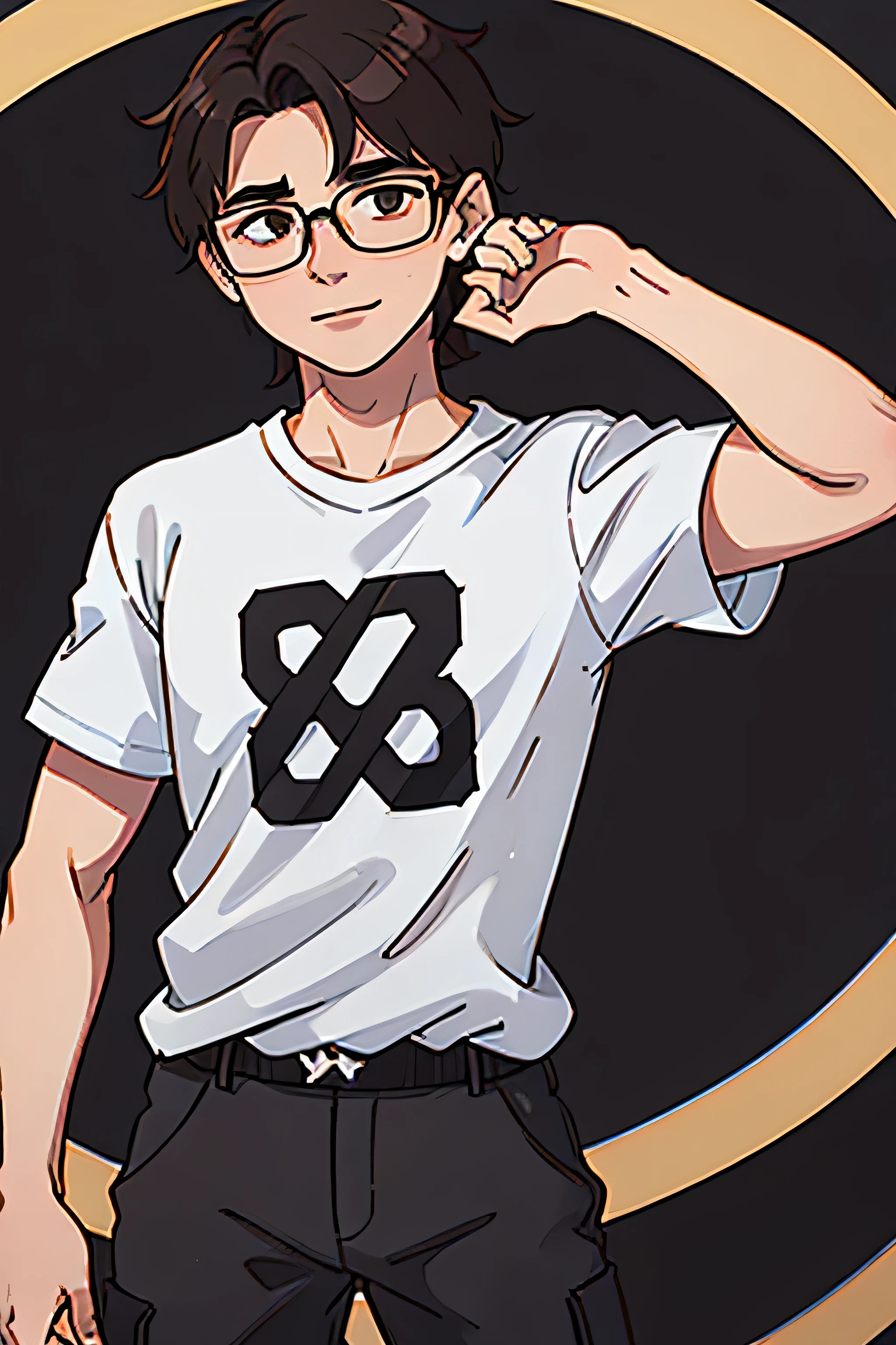 chico joven sonriendo de frente, Brown hair, corte con degradado, gafas, gafas marco delgado, tez muy blanca, camiseta blanca, camiseta plana, camiseta oversize, black cargo pants, maximum quality, 8k
