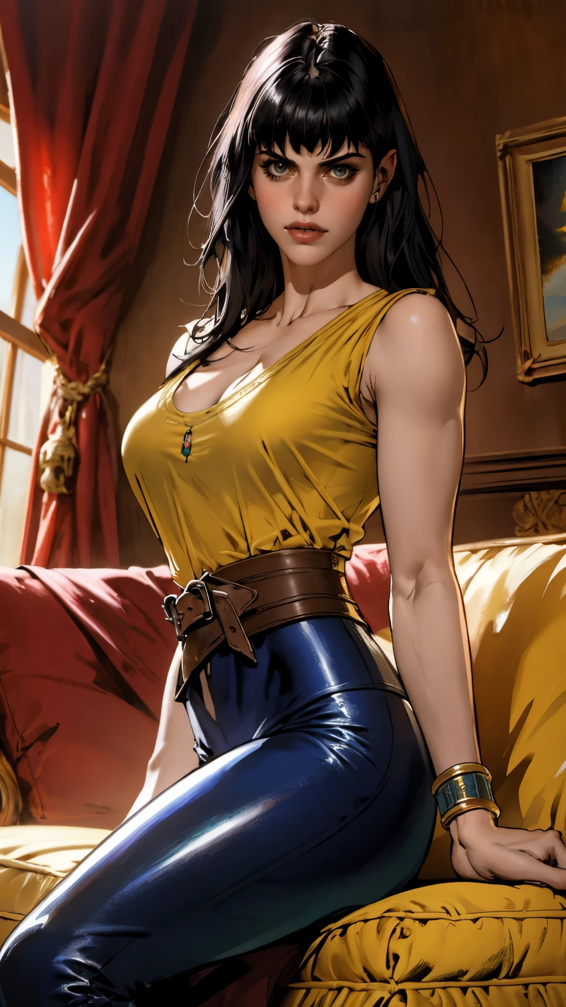 A beautiful woman with long shiny black hair, choppy bangs, a delicate face, a cold proud gaze, a fit figure, a fantasy-style high-necked leather breastplate top, sleeveless, exposes her waist, a bracelet adorns her wrist, tight-fitting leather pants, her right hand holds a longsword with a blue scabbard, she lounges casually sitting on a sofa, this character embodies a finely crafted fantasy-style bounty hunter in anime style, exquisite and mature manga art style, (Alexandra Daddario:1.2), high definition, best quality, highres, ultra-detailed, ultra-fine painting, extremely delicate, professional, anatomically correct, symmetrical face, extremely detailed eyes and face, high quality eyes, creativity, RAW photo, UHD, 32k, Natural light, cinematic lighting, masterpiece-anatomy-perfect, masterpiece:1.5