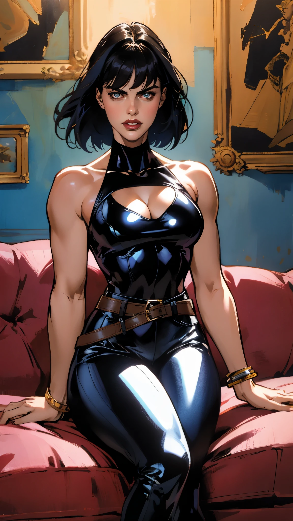 A beautiful woman with long shiny black hair, choppy bangs, a delicate face, a cold proud gaze, a fit figure, a fantasy-style high-necked leather breastplate top, sleeveless, exposes her waist, a bracelet adorns her wrist, tight-fitting leather pants, her right hand holds a longsword with a blue scabbard, she lounges casually sitting on a sofa, this character embodies a finely crafted fantasy-style bounty hunter in anime style, exquisite and mature manga art style, (Alexandra Daddario:1.2), high definition, best quality, highres, ultra-detailed, ultra-fine painting, extremely delicate, professional, anatomically correct, symmetrical face, extremely detailed eyes and face, high quality eyes, creativity, RAW photo, UHD, 32k, Natural light, cinematic lighting, masterpiece-anatomy-perfect, masterpiece:1.5