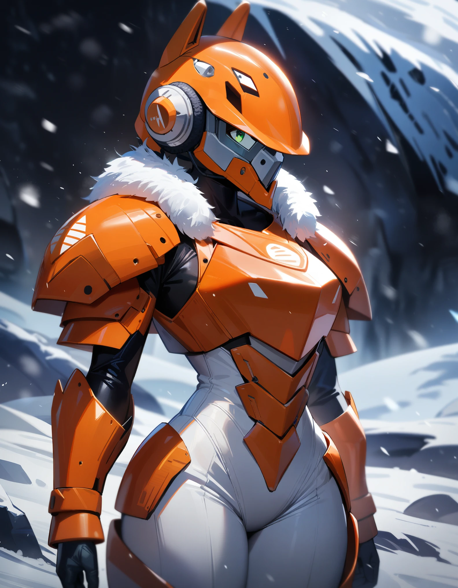 1girl,solo,Sala,original,full face helmet,no face , no hair,green eyes,white body suit,orange heavy armor,cowboy shot,in ice age planet,blizzard,Science fiction,ultra-detailed,sharp focus,aesthetic,(best quality)