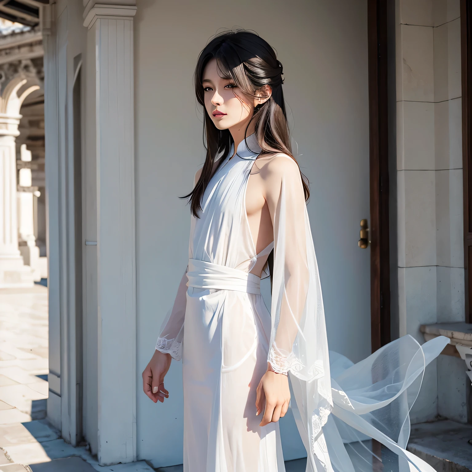 Un chico desnudo de cabello largo color blanco con un vestido transparente chino modelando