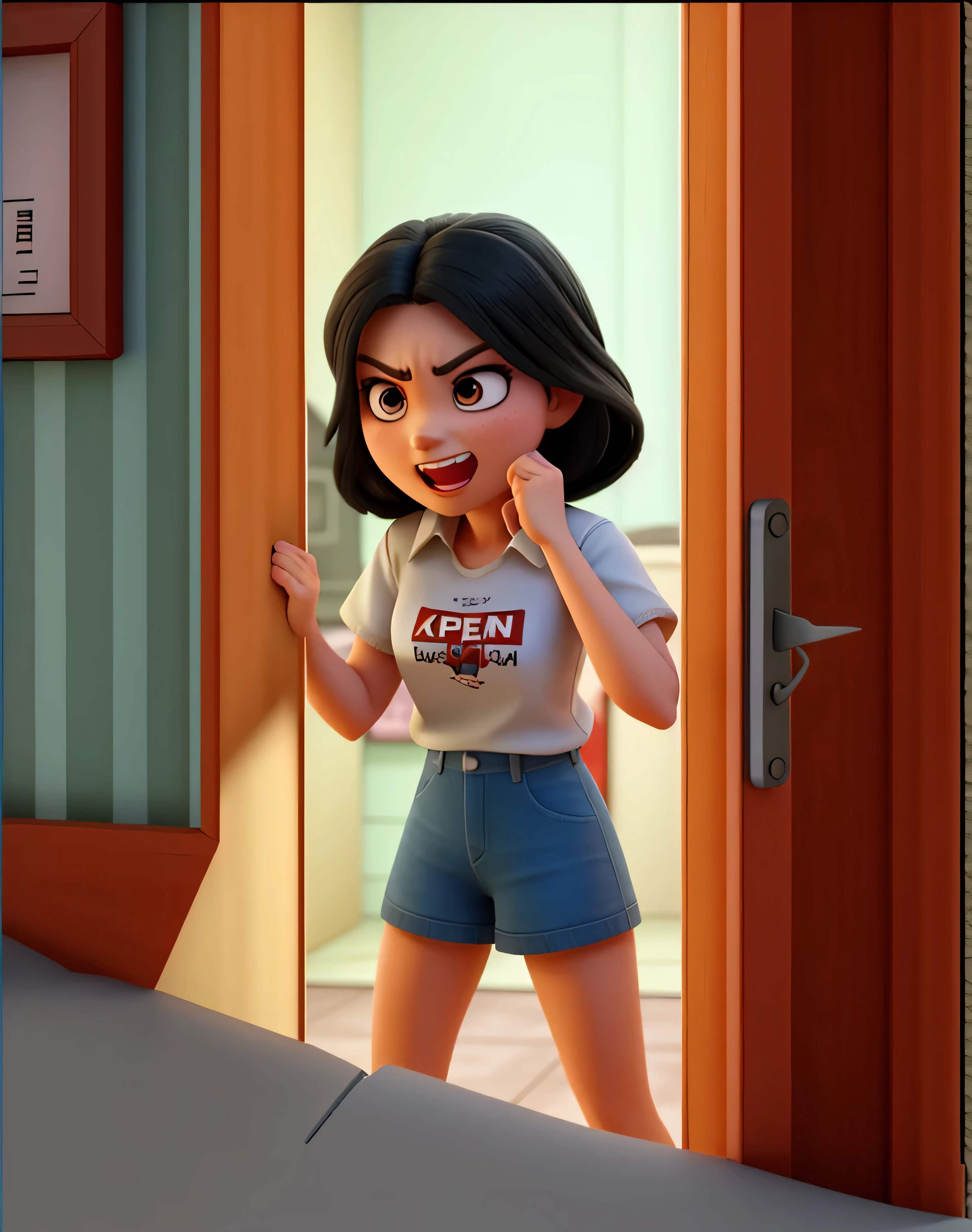 beautiful angry woman,open the door and come in,Gritting teeth