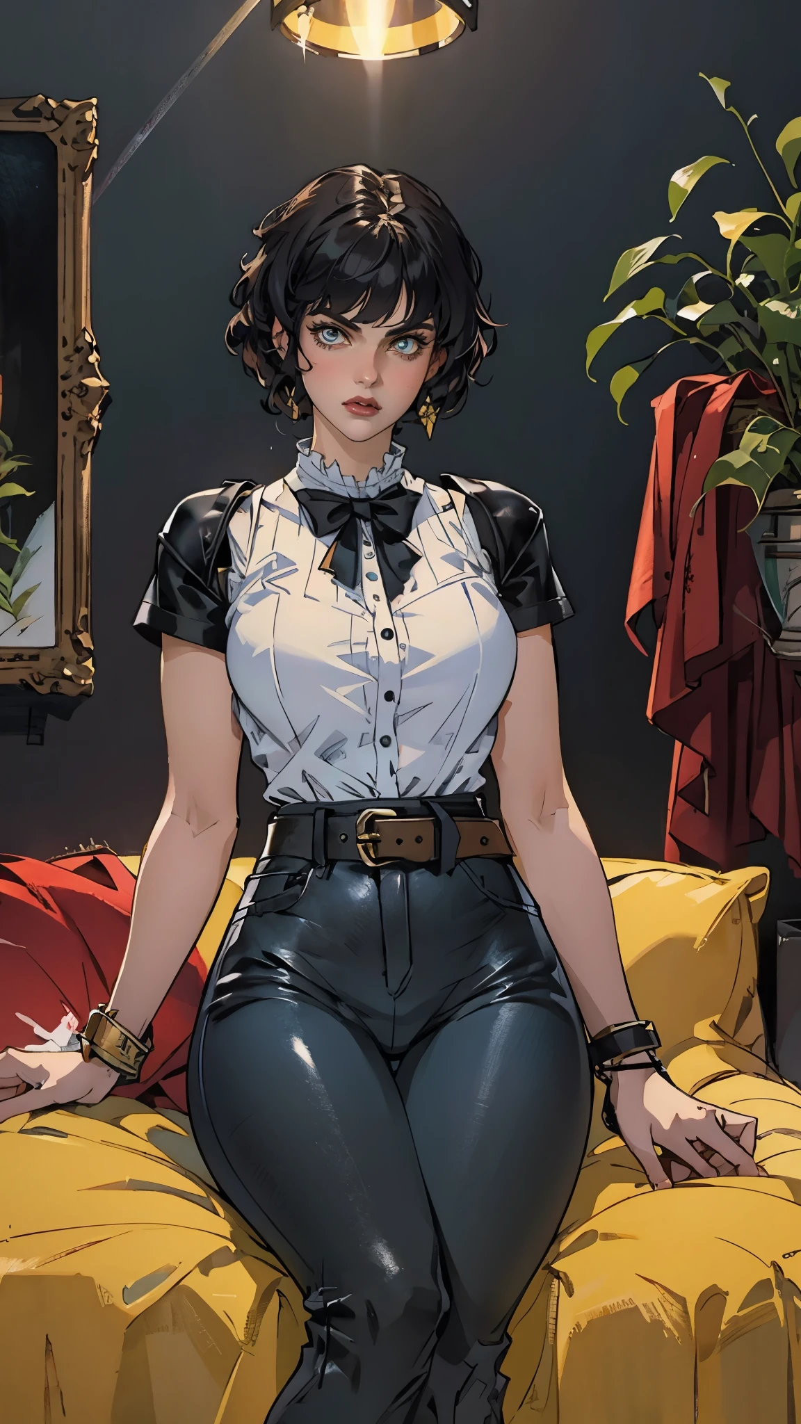 perfect anatomy, Tarot、A woman with a toned body, 1girl, Alone, A handgun in her hand , Grey Hair, Big Breasts,  shorthair , ((white social blouse ,  black tight mini skirt、 embroidered lace garter stockings )),  black high heels,  serious expressions, Light green eyes, ancient ruins ,  black tuxedo 