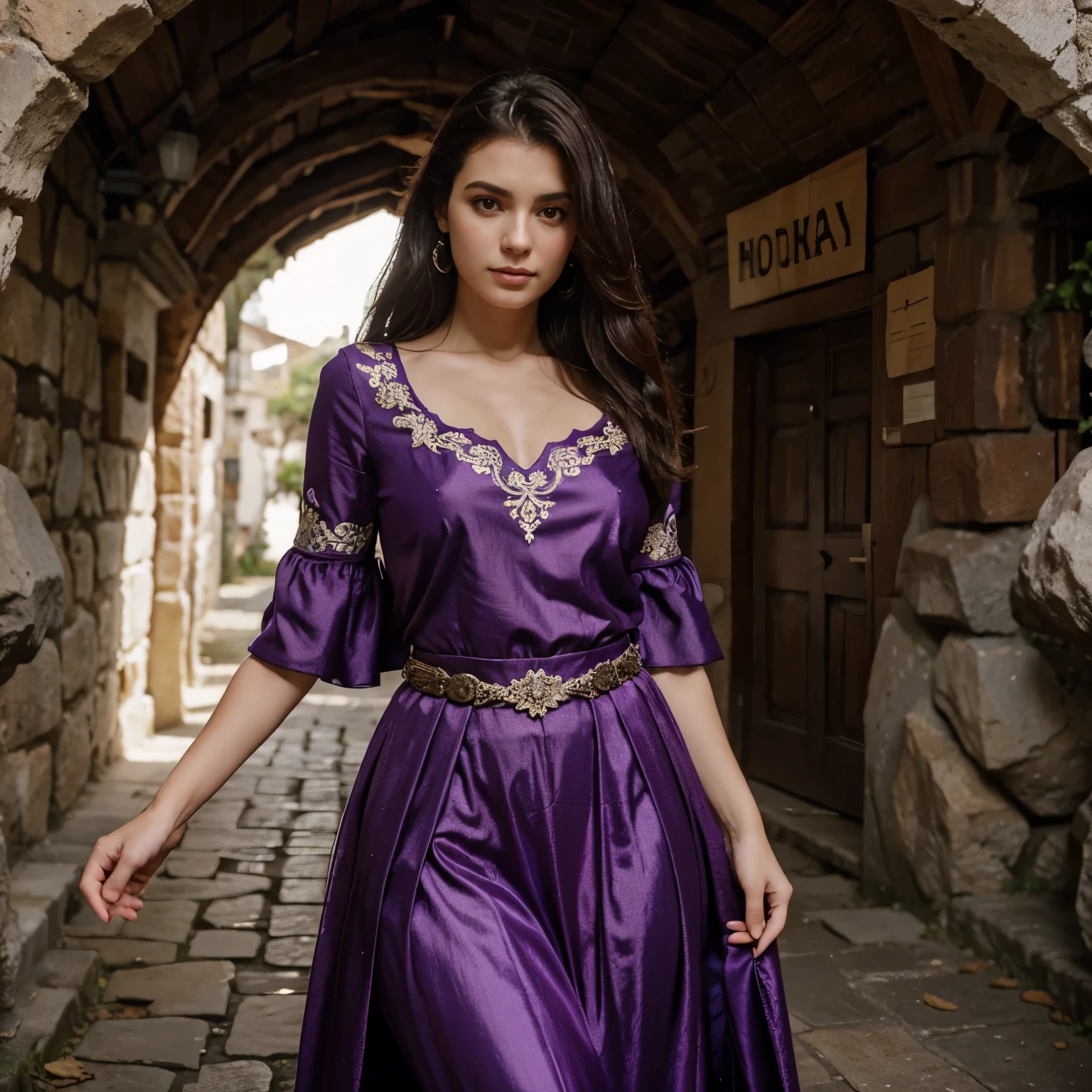 Pombo gira rosa caveira, vestida com roupas medievais da cor roxo com detalhes brancos