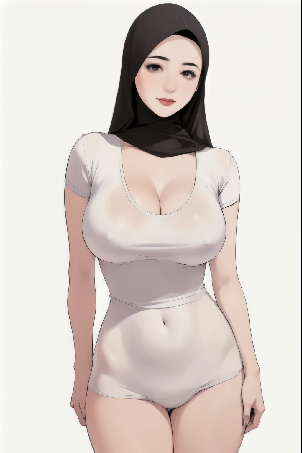 diona shin, standing, portrait, red lips, nsfw, standing, portrait, (masterpiece, best quality), solo, looking at viewer, upper body, standing, fw.dona.shin, mature female, sexy, hot, white hair, diona shin, white background, white hair, very soft breast , soft breast , milf, milf face, tease, detail face, cleavage , Hijabolic, hijab, smirk, chubby , milf, milf face, tshirt, t-shirt