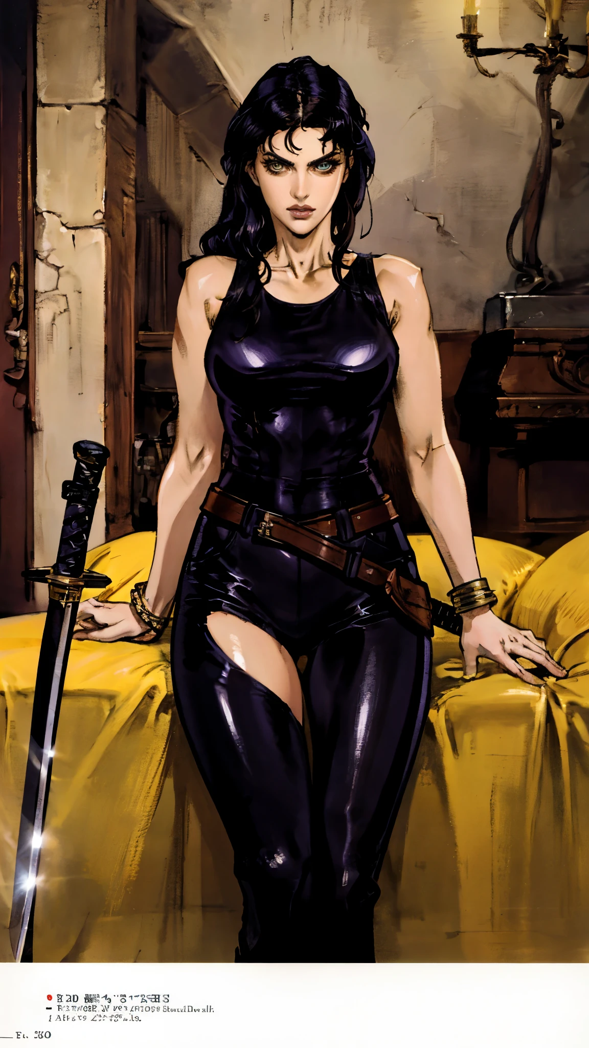 A beautiful woman with long shiny black hair, choppy bangs, a delicate face, a cold proud gaze, a fit figure, a fantasy-style high-necked leather breastplate top, sleeveless, exposes her waist, a bracelet adorns her wrist, tight-fitting leather pants, her right hand holds a Katana with a blue scabbard, she lounges casually sitting on a sofa, this character embodies a finely crafted fantasy-style bounty hunter in anime style, exquisite and mature manga art style, (Alexandra Daddario:1.2), high definition, best quality, highres, ultra-detailed, ultra-fine painting, extremely delicate, professional, anatomically correct, symmetrical face, extremely detailed eyes and face, high quality eyes, creativity, RAW photo, UHD, 32k, Natural light, cinematic lighting, masterpiece-anatomy-perfect, masterpiece:1.5