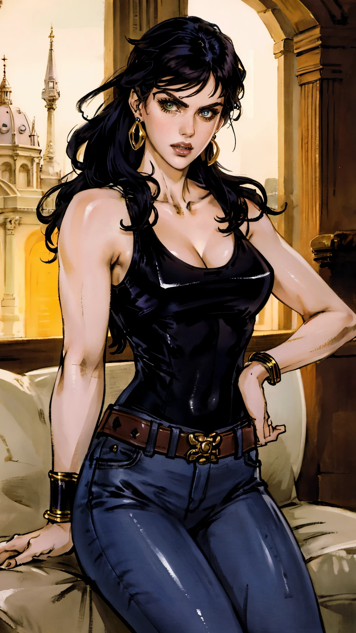 A beautiful woman with long shiny black hair, choppy bangs, a delicate face, a cold proud gaze, a fit figure, a fantasy-style high-necked leather breastplate top, sleeveless, exposes her waist, a bracelet adorns her wrist, tight-fitting leather pants, her right hand holds a Katana with a blue scabbard, she lounges casually sitting on a sofa, this character embodies a finely crafted fantasy-style bounty hunter in anime style, exquisite and mature manga art style, (Alexandra Daddario:1.2), high definition, best quality, highres, ultra-detailed, ultra-fine painting, extremely delicate, professional, anatomically correct, symmetrical face, extremely detailed eyes and face, high quality eyes, creativity, RAW photo, UHD, 32k, Natural light, cinematic lighting, masterpiece-anatomy-perfect, masterpiece:1.5