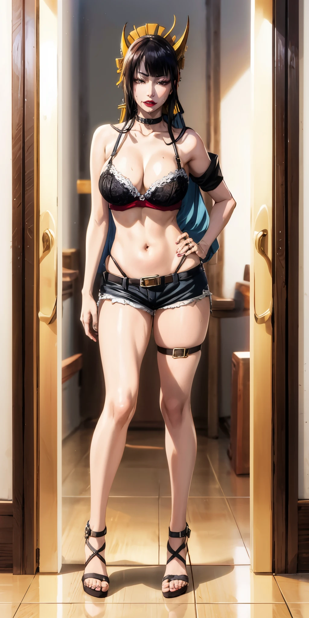 senjumaru shutara, long hair, bangs, blunt bangs, black hair, sidelocks, (black eyes:1.5), makeup, lipstick, red lipstick, huge breasts, curvy, anatomically correct, muscular female, best quality, masterpiece, high quality, high details, highres, HD, breasts, 1girl, shorts, navel, solo, looking_at_viewer,  large_breasts,  thigh_strap, cleavage, standing, full_body, collarbone, bare_shoulders, jewelry, sidelocks, choker, black_bra, underwear, closed_mouth, bra, high_heels, earrings, stomach, belt, hand_on_hip, armlet, excessive pubic hair, pubic hair peek, nsfw,"glow effects, godrays, Hand drawn, render, 8k, octane render, cinema 4d, blender, dark, atmospheric 4k ultra detailed, cinematic, Sharp focus, big depth of field, Masterpiece, colors, 3d octane render, 4k, concept art, trending on artstation, hyperrealistic, Vivid colors, extremely detailed CG unity 8k wallpaper, trending on CGSociety, Intricate, High Detail, dramatic", (shaded face:1.2), hollow eyes, brown eyes, looking at viewer, heavy breathing, seductive smile, upper teeth, lipstick, lips, sweating,