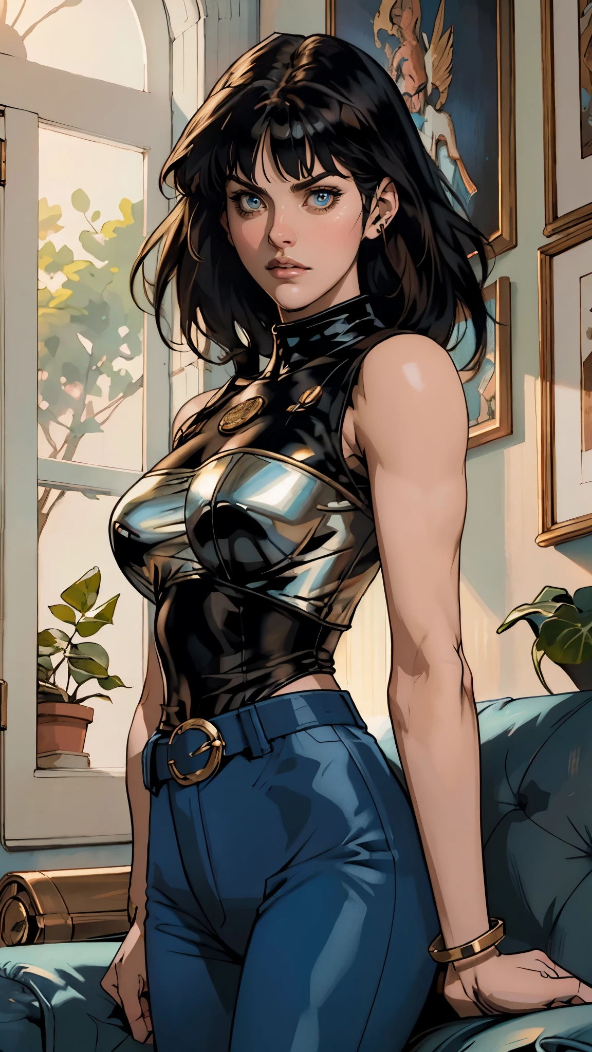 A beautiful woman with long shiny black hair, choppy bangs, a delicate face, a cold proud gaze, a fit figure, a fantasy-style high-necked leather breastplate top, sleeveless, exposes her waist, a bracelet adorns her wrist, tight-fitting leather pants, her right hand holds a Katana with a blue scabbard, she lounges casually sitting on a sofa, this character embodies a finely crafted fantasy-style bounty hunter in anime style, exquisite and mature manga art style, (Alexandra Daddario:1.2), high definition, best quality, highres, ultra-detailed, ultra-fine painting, extremely delicate, professional, anatomically correct, symmetrical face, extremely detailed eyes and face, high quality eyes, creativity, RAW photo, UHD, 32k, Natural light, cinematic lighting, masterpiece-anatomy-perfect, masterpiece:1.5